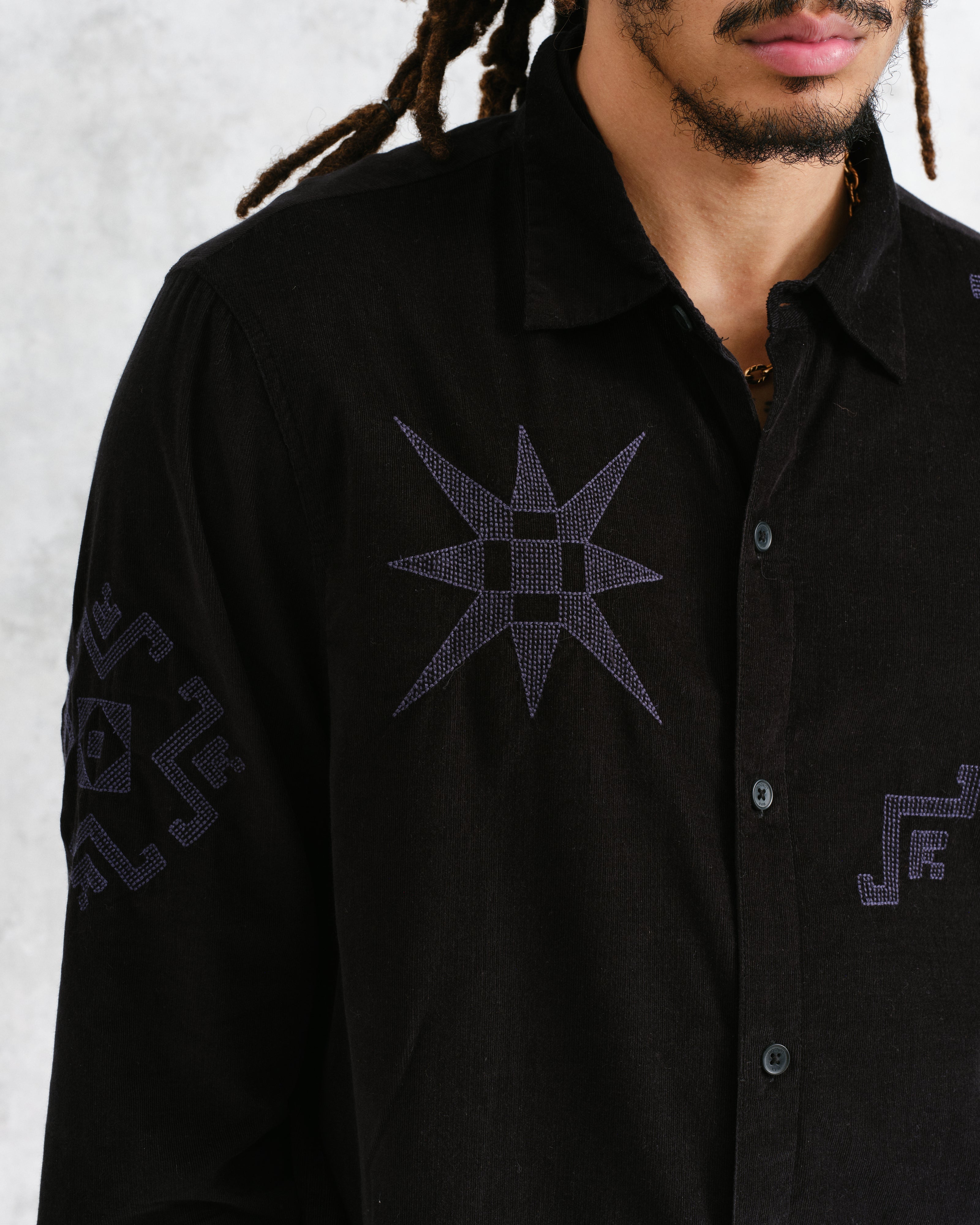 Trin - Black Geometrical Embroidered Corduroy Shirt