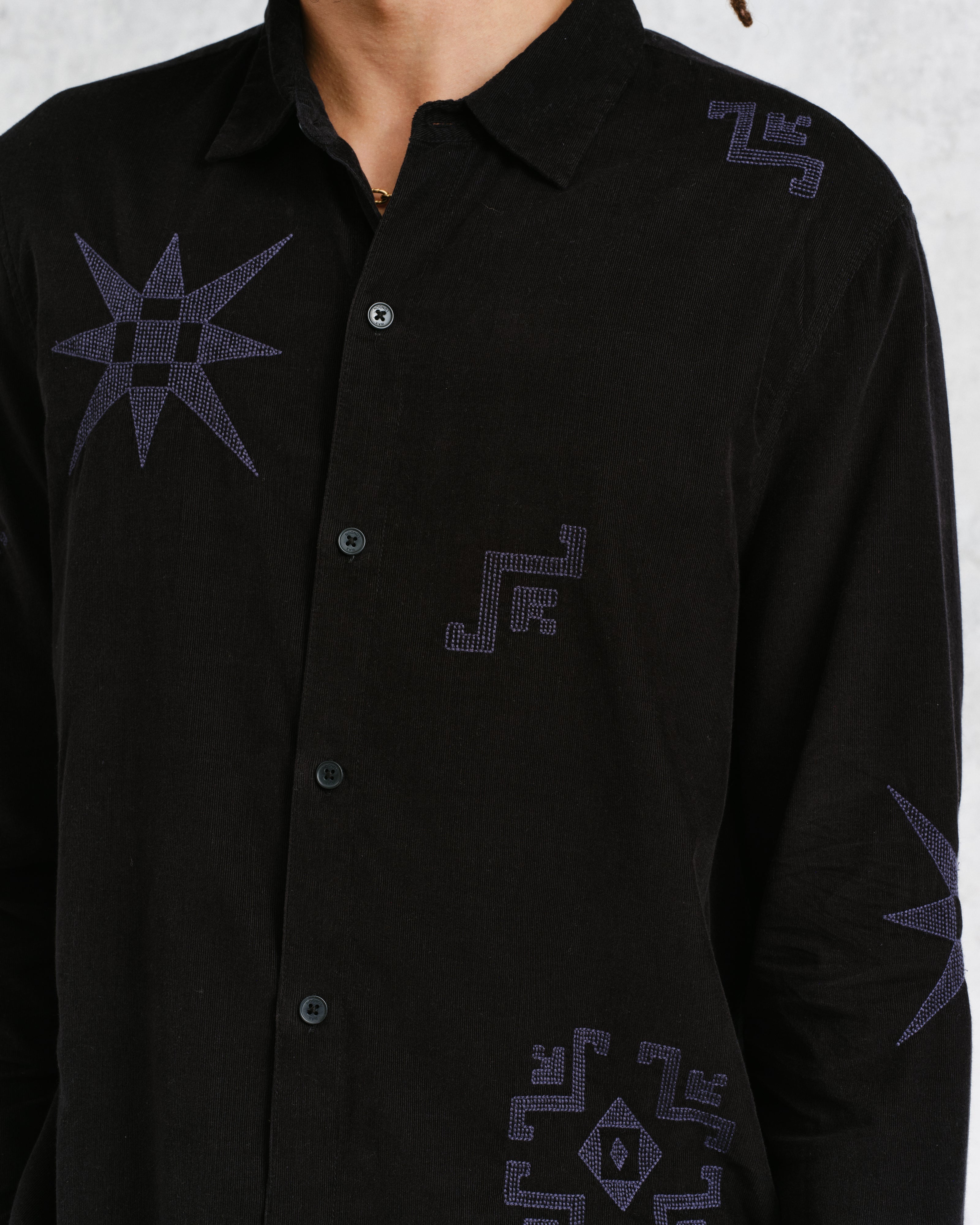 Trin - Black Geometrical Embroidered Corduroy Shirt