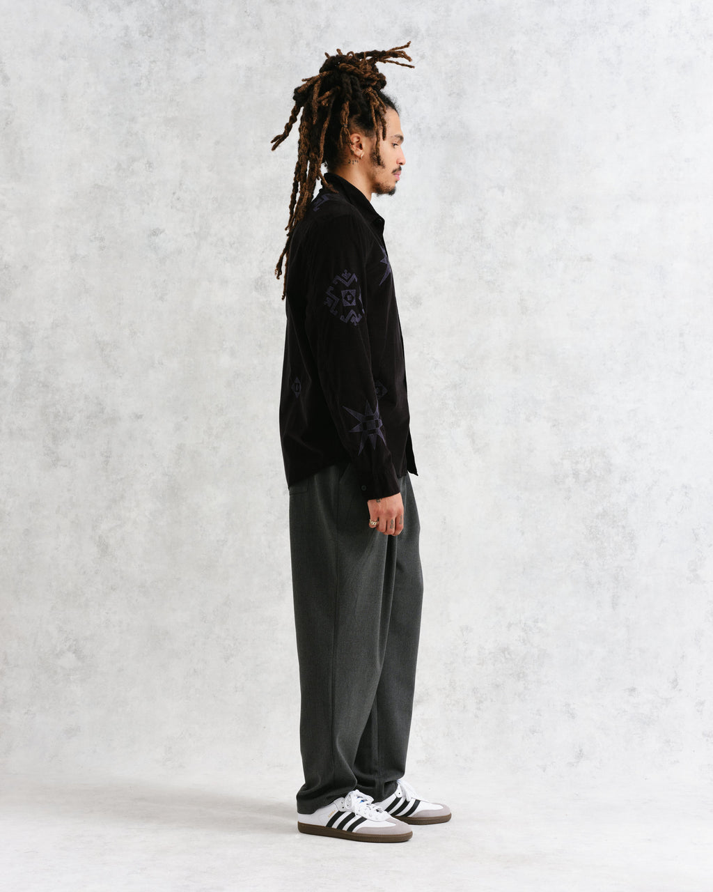 Trin - Black Geometrical Embroidered Corduroy Shirt