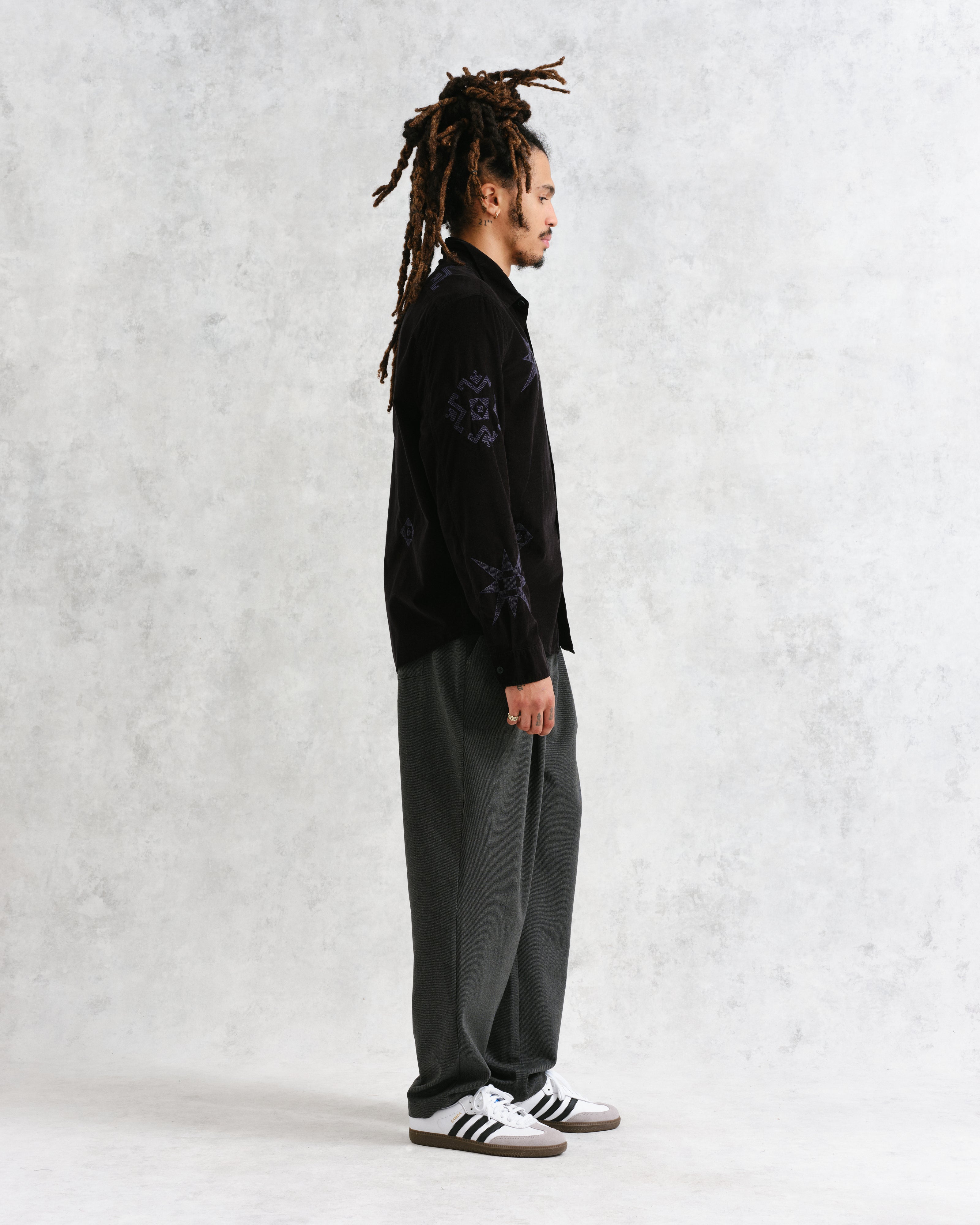 Trin - Black Geometrical Embroidered Corduroy Shirt