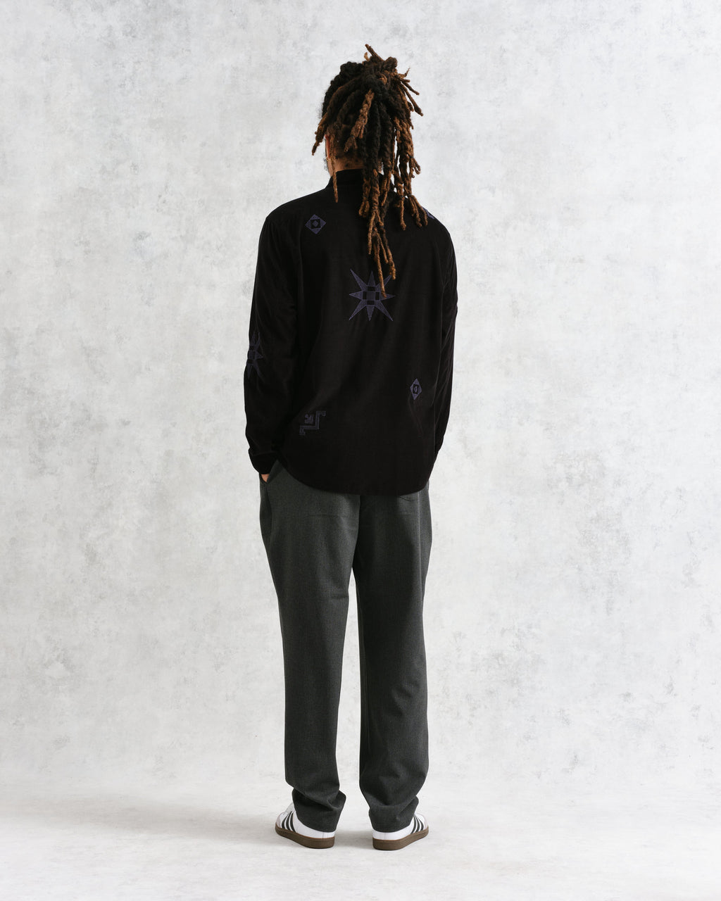 Trin - Black Geometrical Embroidered Corduroy Shirt