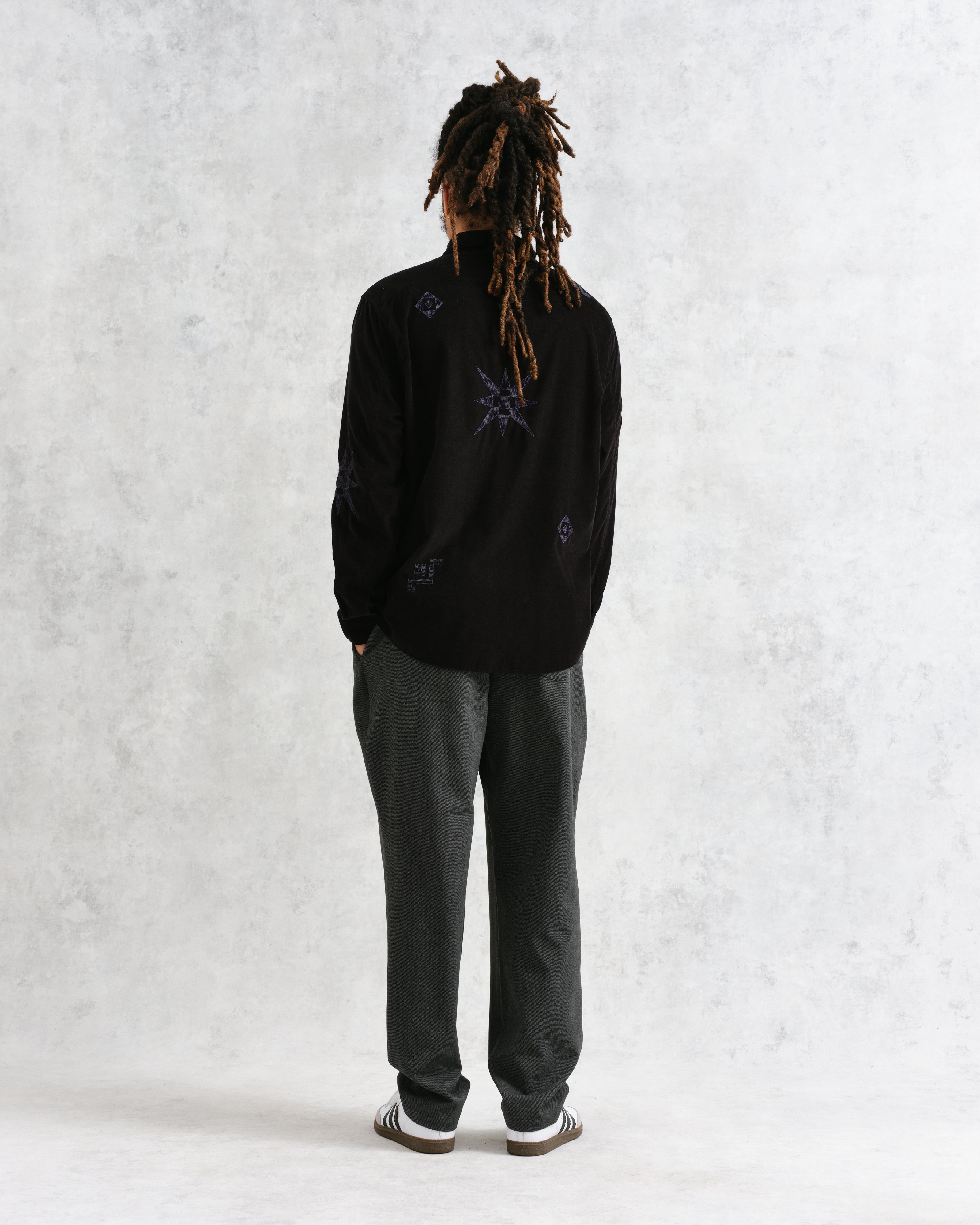 Trin - Black Geometrical Embroidered Corduroy Shirt