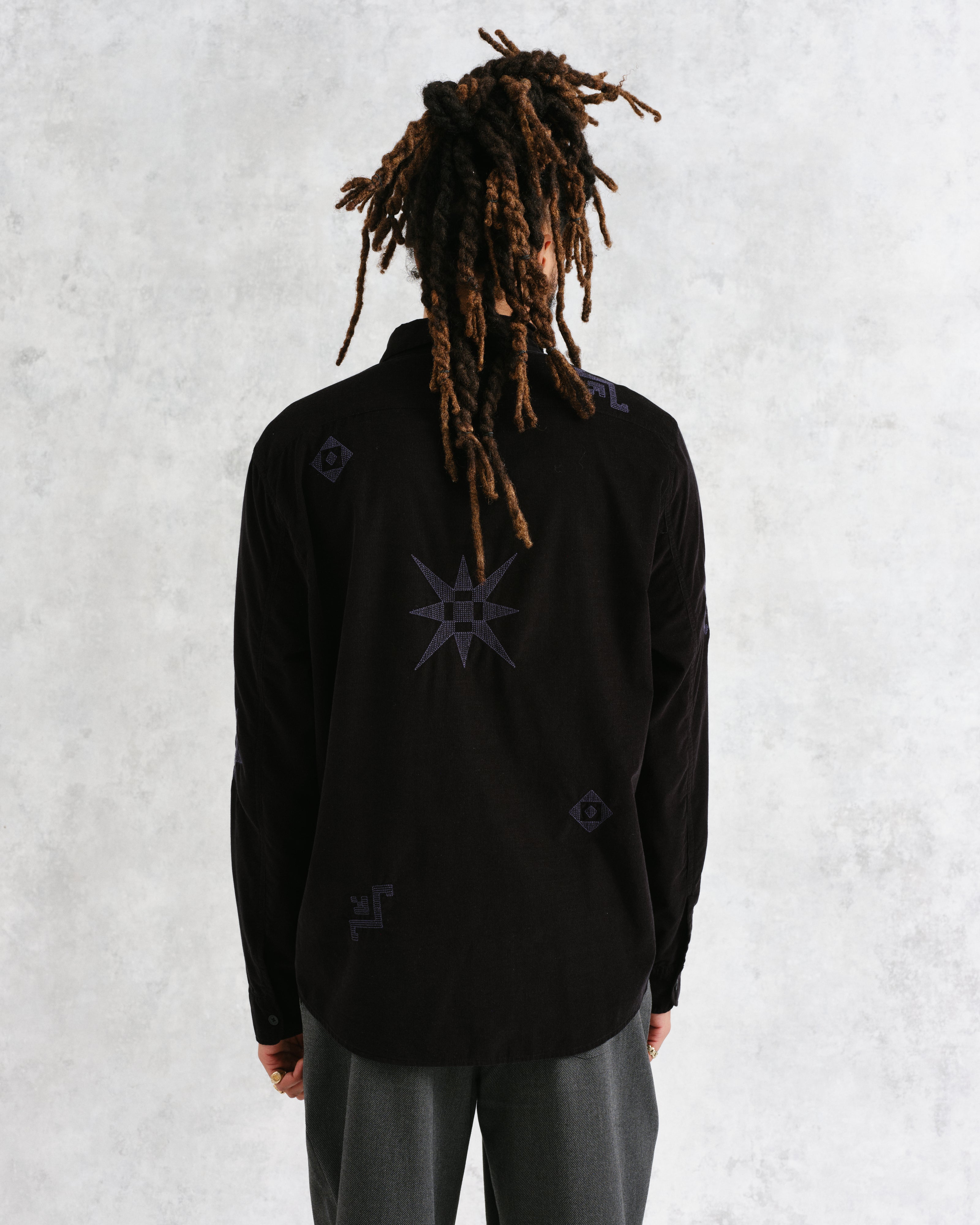 Trin - Black Geometrical Embroidered Corduroy Shirt