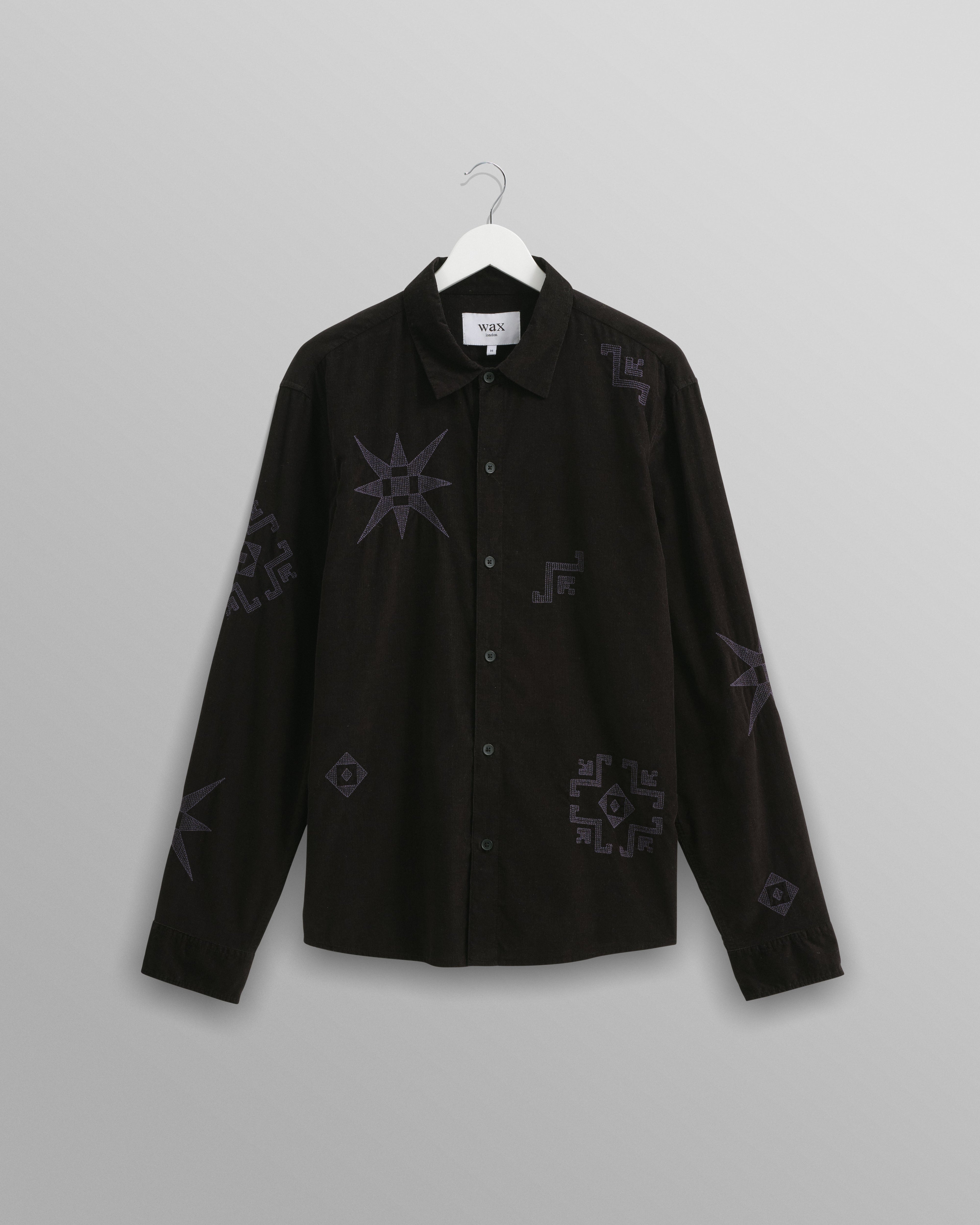 Trin - Black Geometrical Embroidered Corduroy Shirt