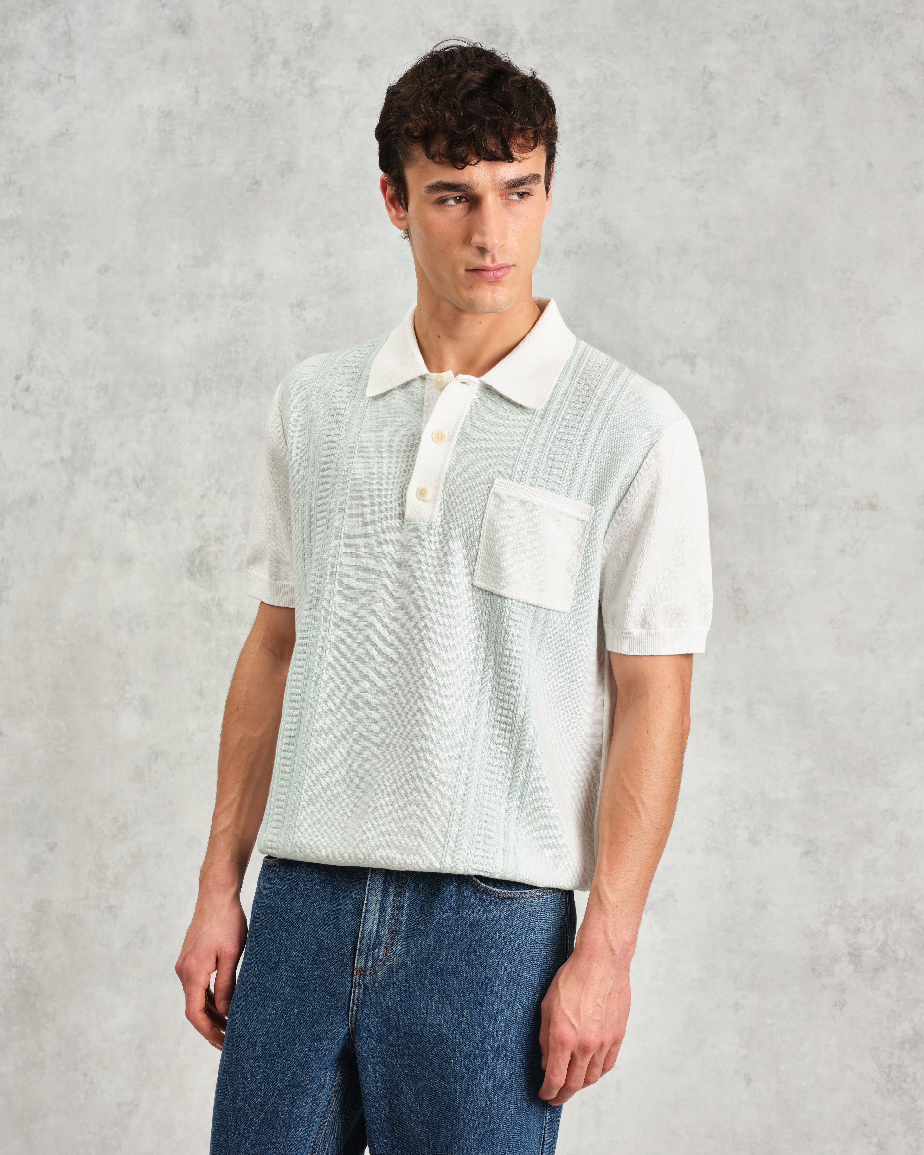 Turin - Blue And Ecru Retro Stripe Knitted Cotton Polo