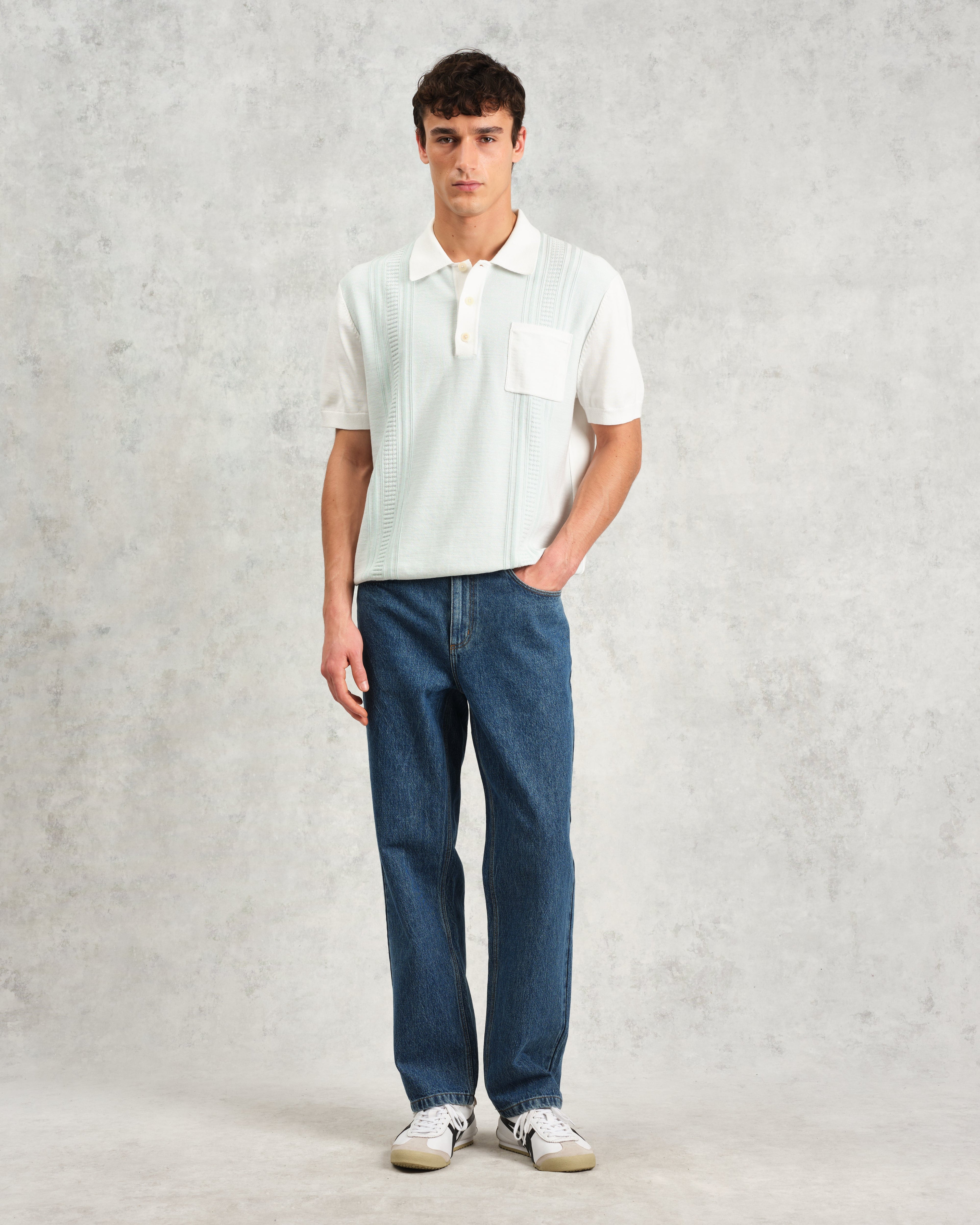 Turin - Blue And Ecru Retro Stripe Knitted Cotton Polo