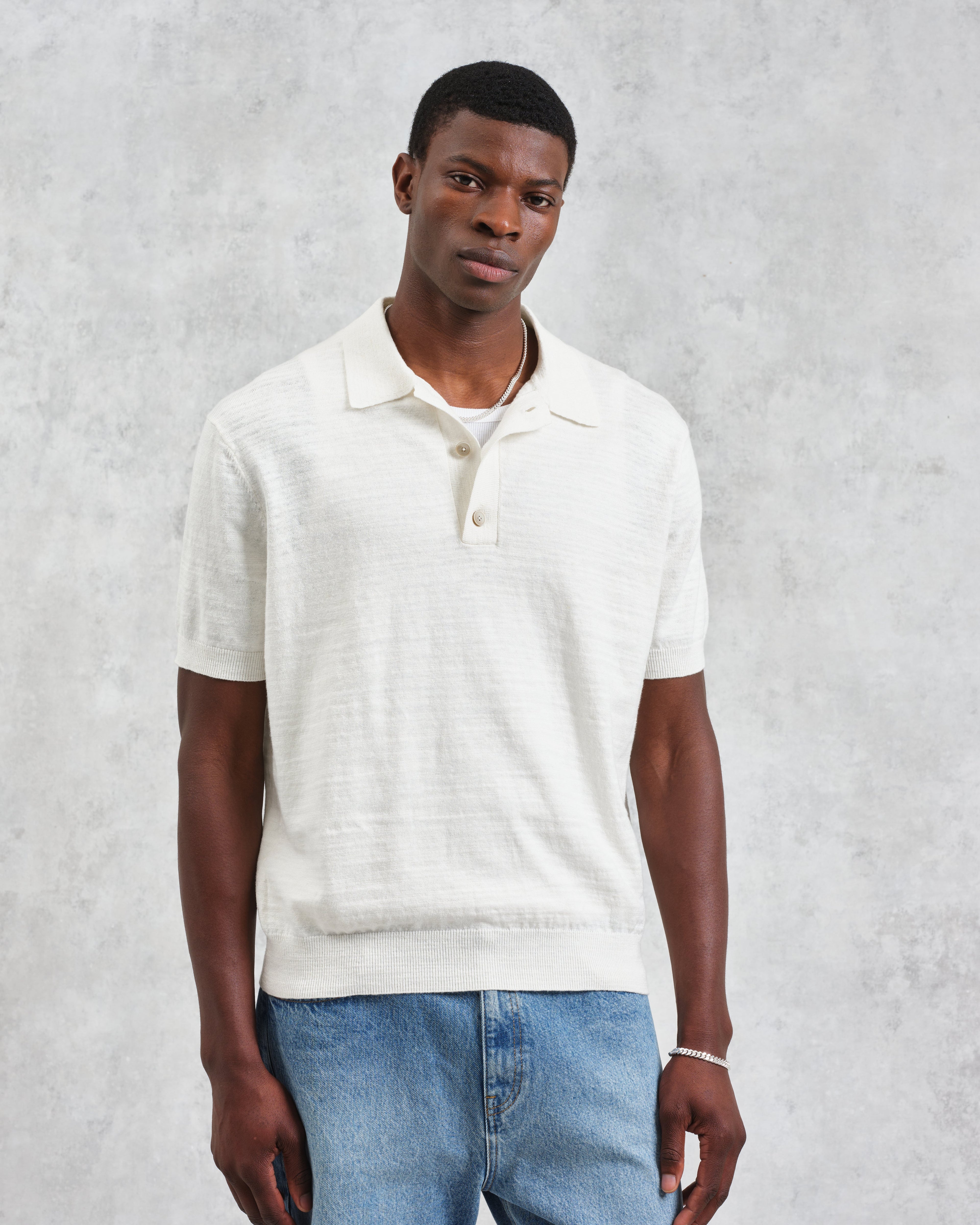 Turin - Ecru Slub Knitted Cotton-Linen Polo