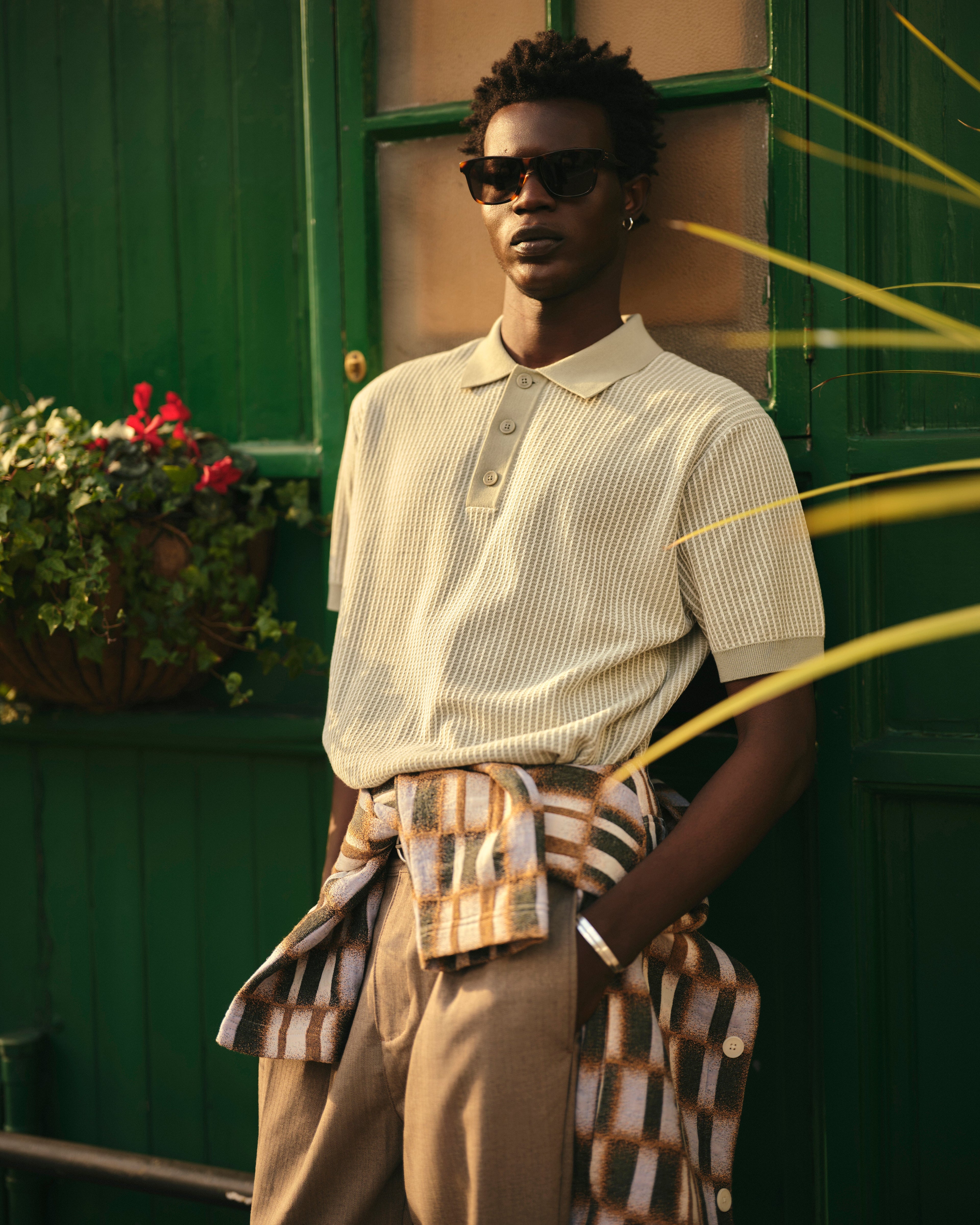 Turin - Light Khaki Ladder Stripe Knitted Cotton Polo