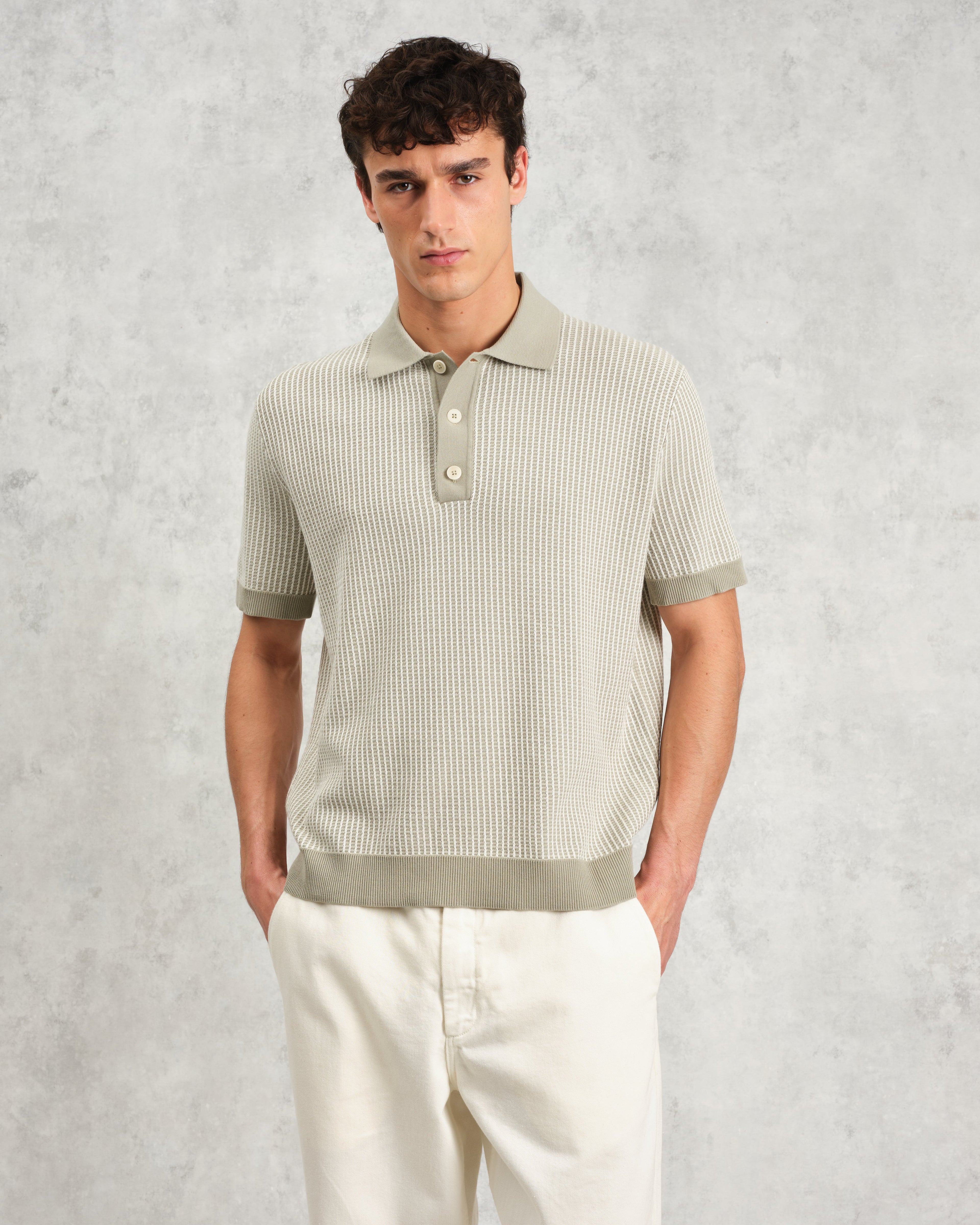 Turin - Light Khaki Ladder Stripe Knitted Cotton Polo