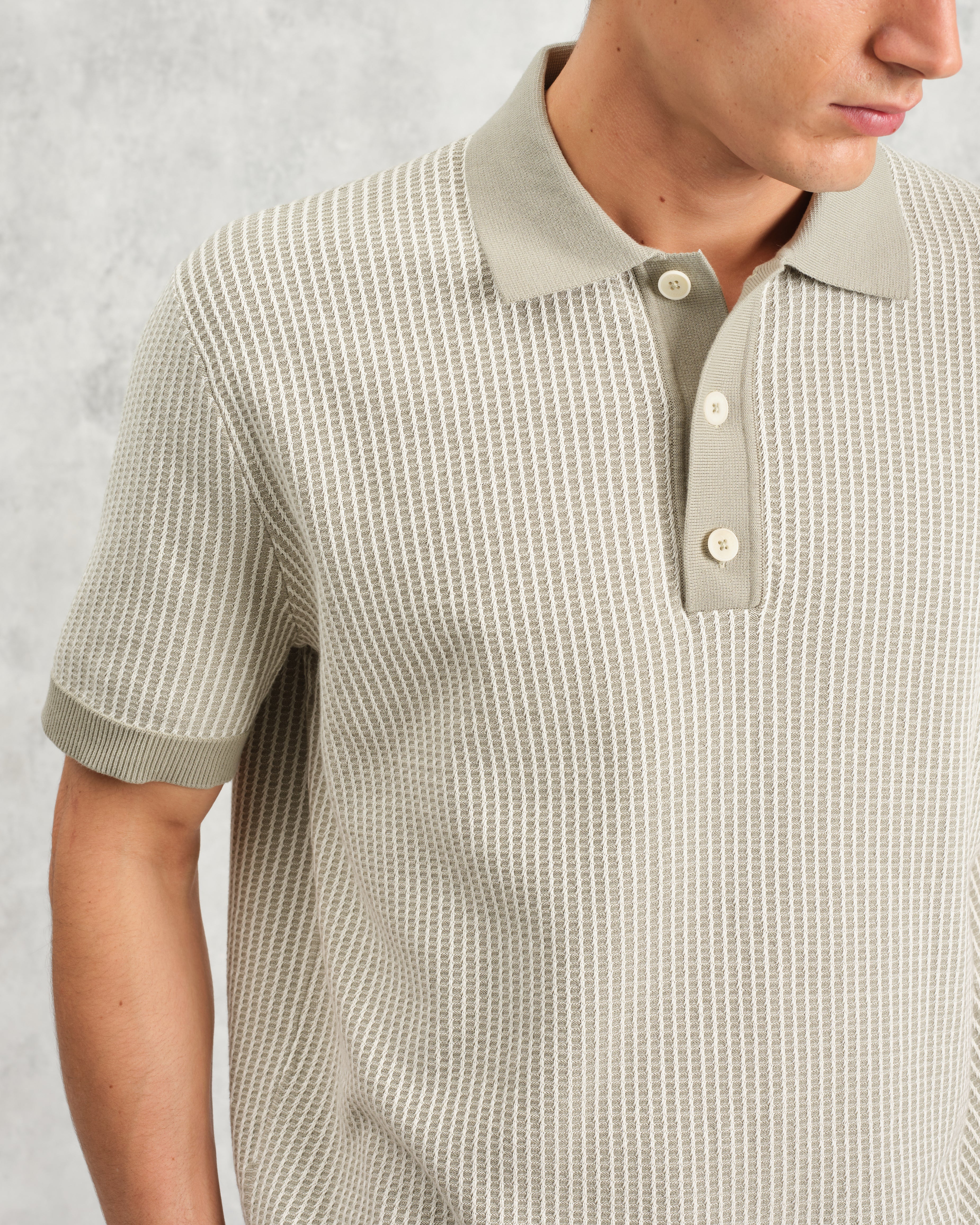 Turin - Light Khaki Ladder Stripe Knitted Cotton Polo