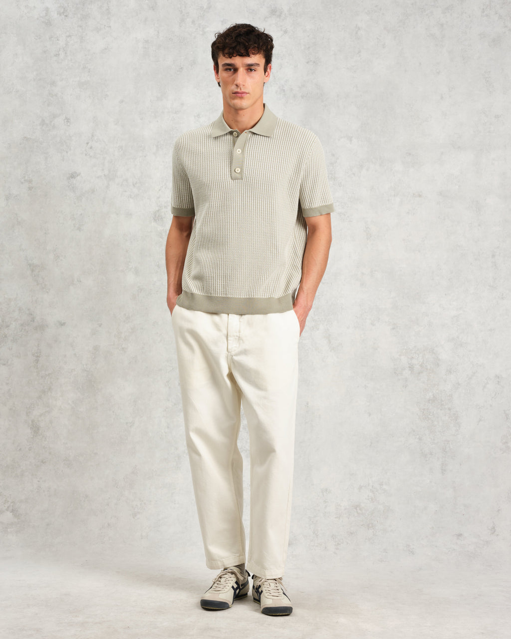 Turin - Light Khaki Ladder Stripe Knitted Cotton Polo