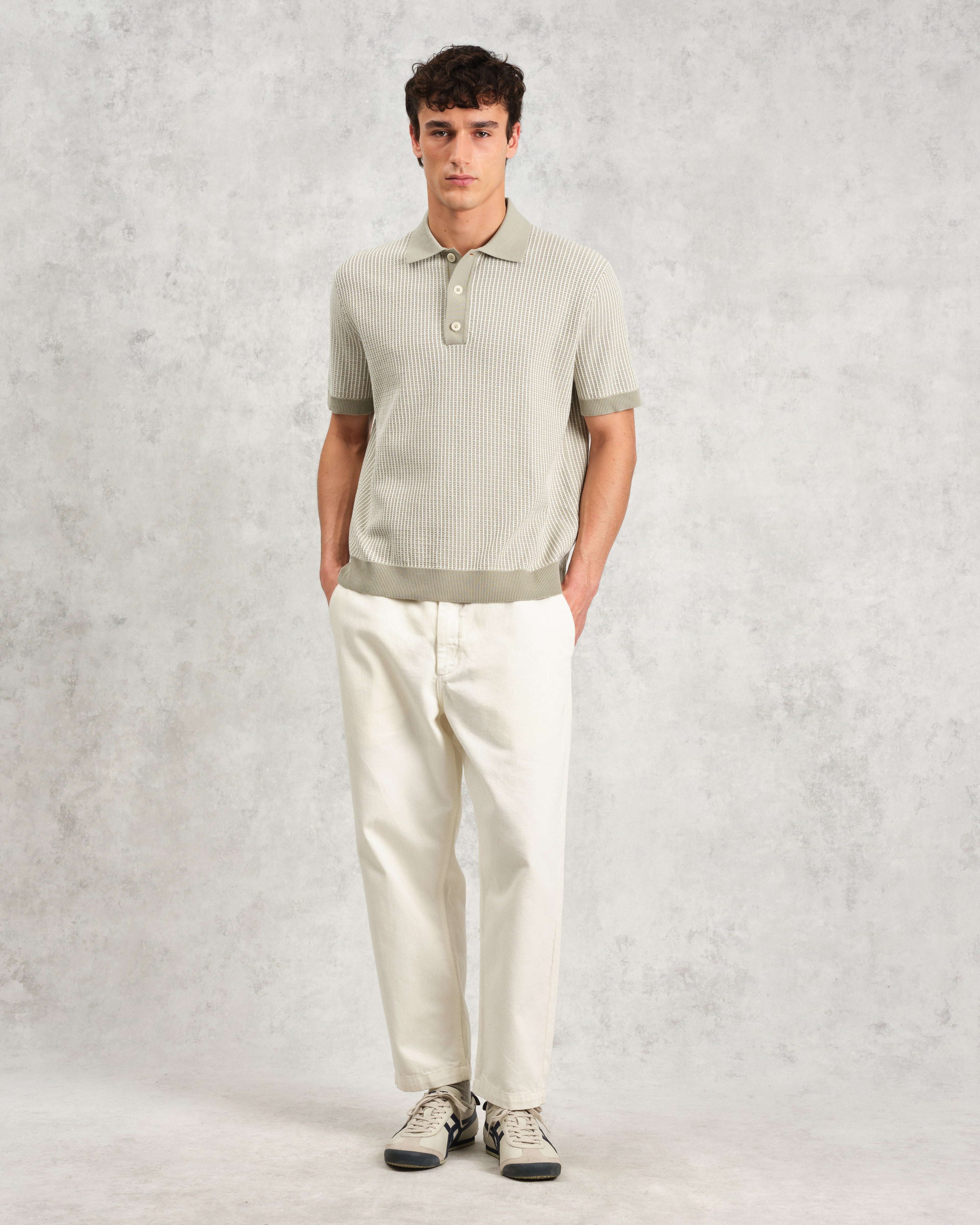 Turin - Light Khaki Ladder Stripe Knitted Cotton Polo