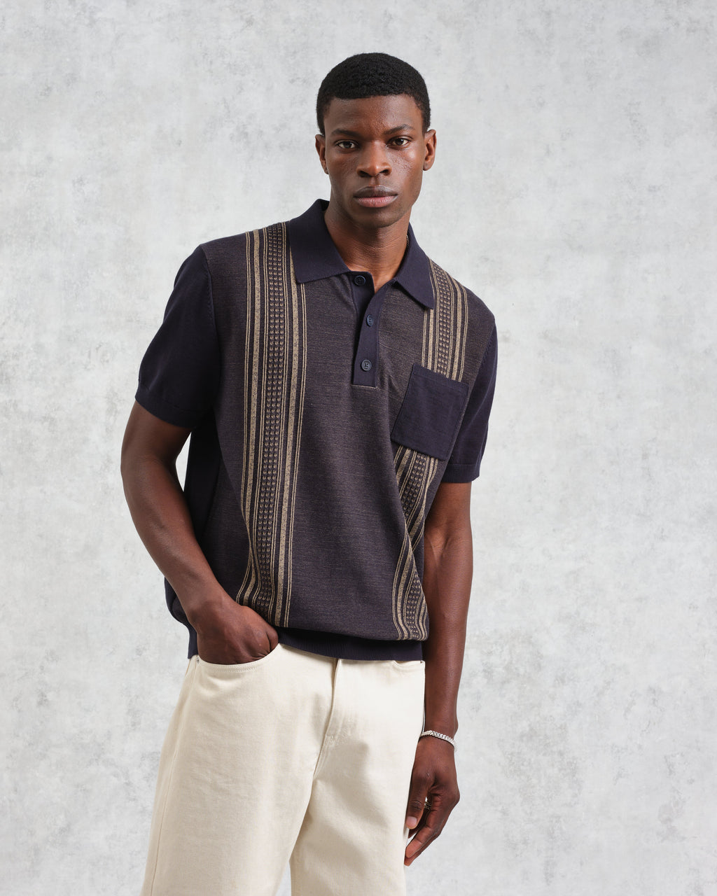 Turin - Navy And Khaki Retro Stripe Knitted Cotton Polo