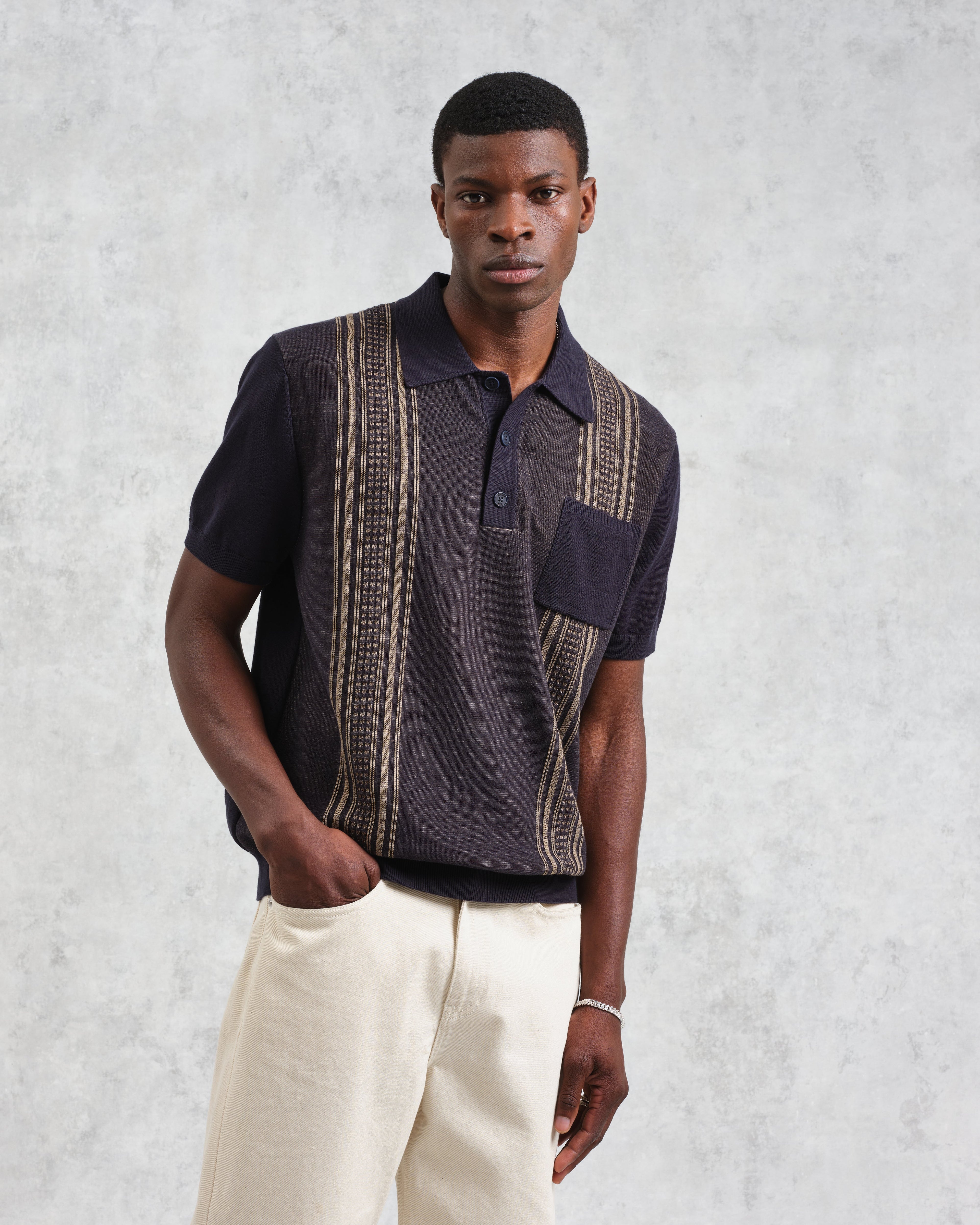 Turin - Navy And Khaki Retro Stripe Knitted Cotton Polo