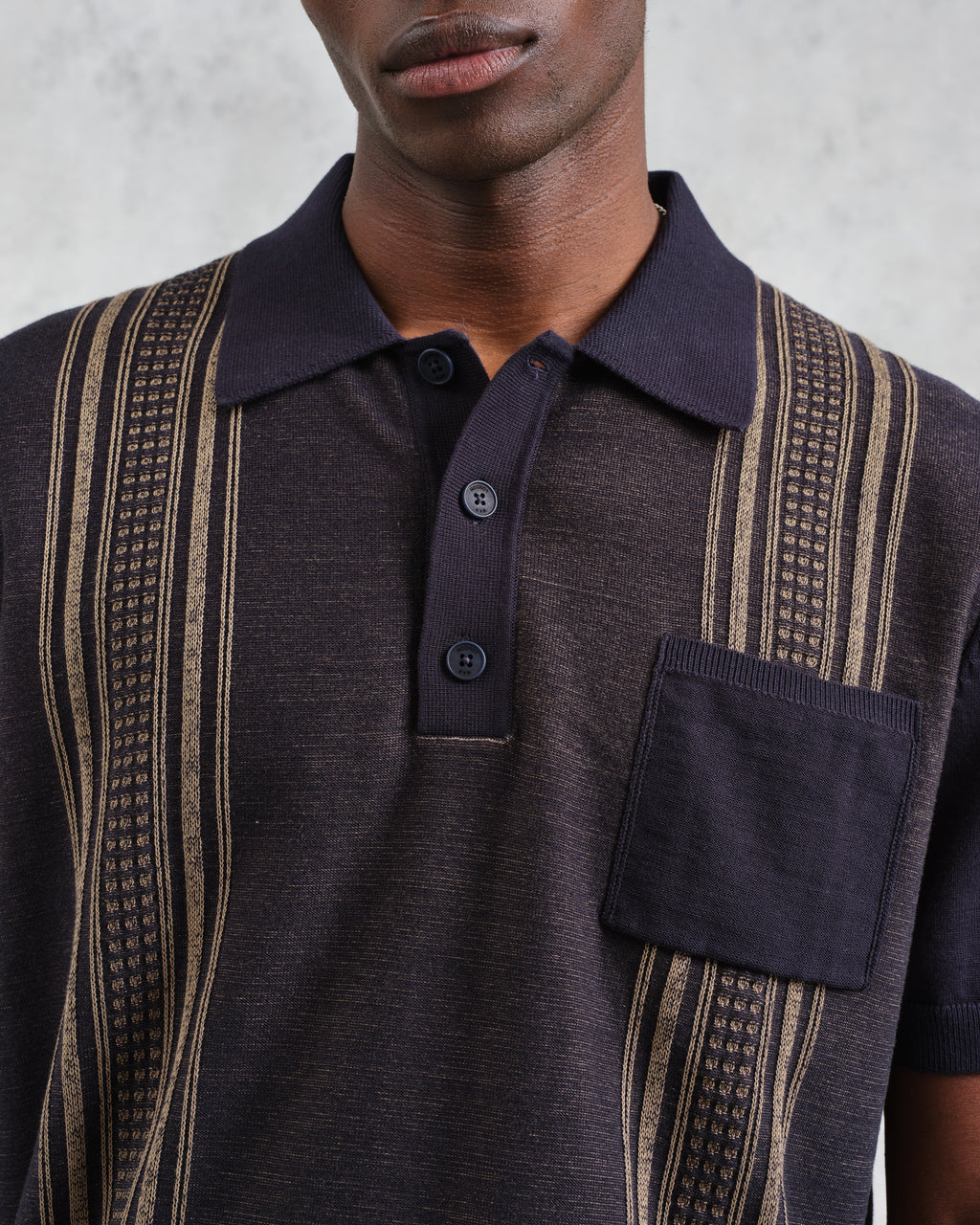 Turin - Navy And Khaki Retro Stripe Knitted Cotton Polo