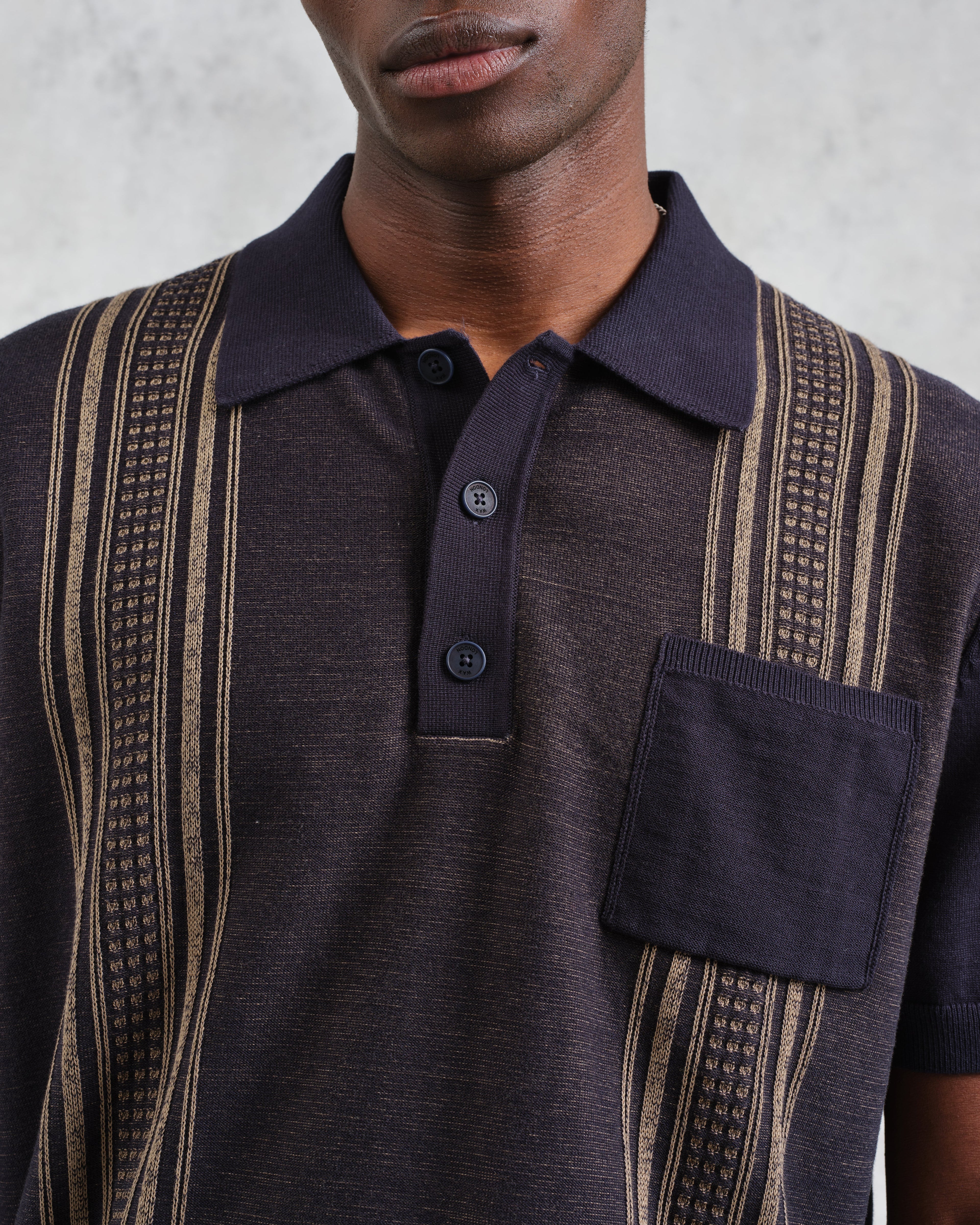 Turin - Navy And Khaki Retro Stripe Knitted Cotton Polo
