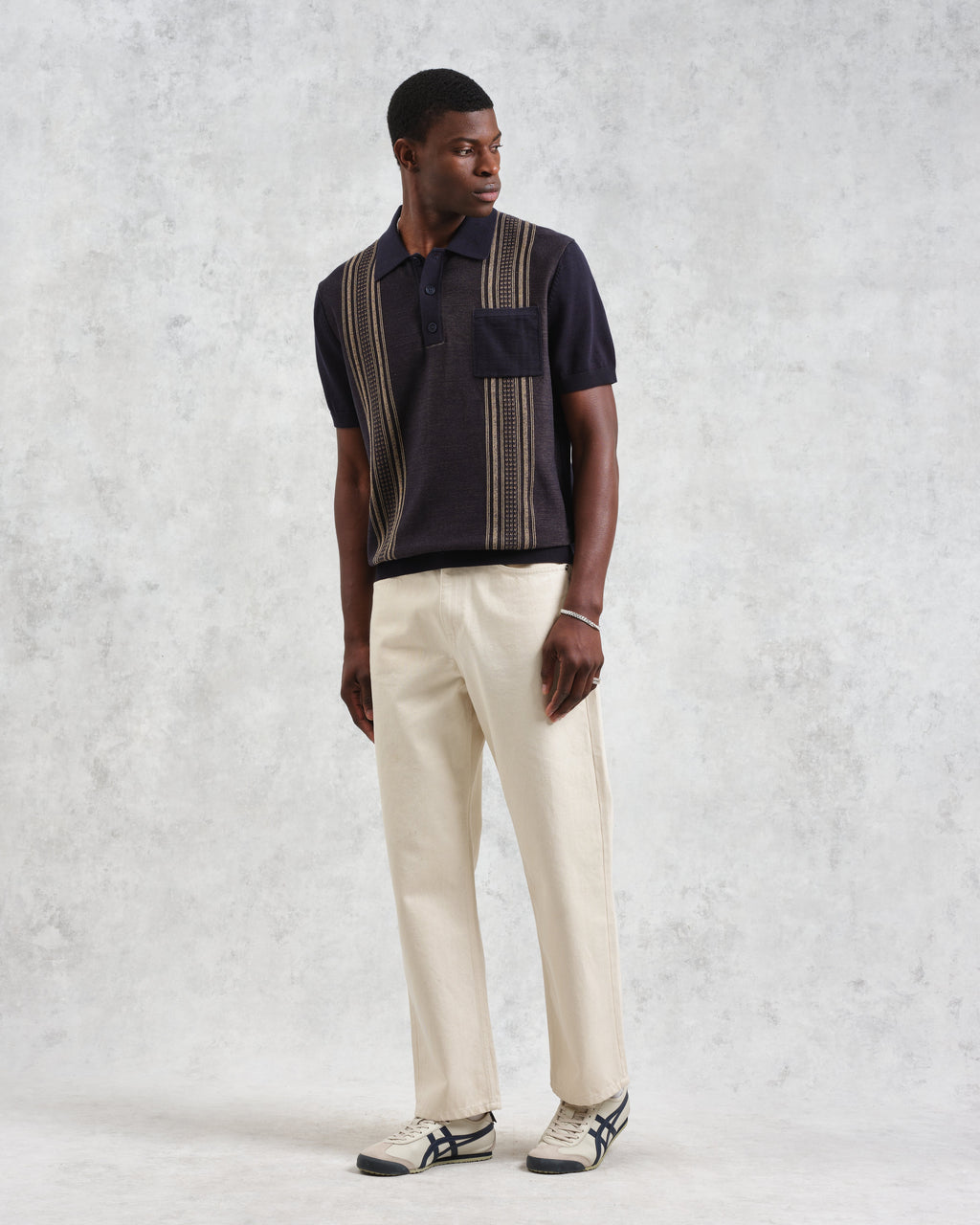 Turin - Navy And Khaki Retro Stripe Knitted Cotton Polo