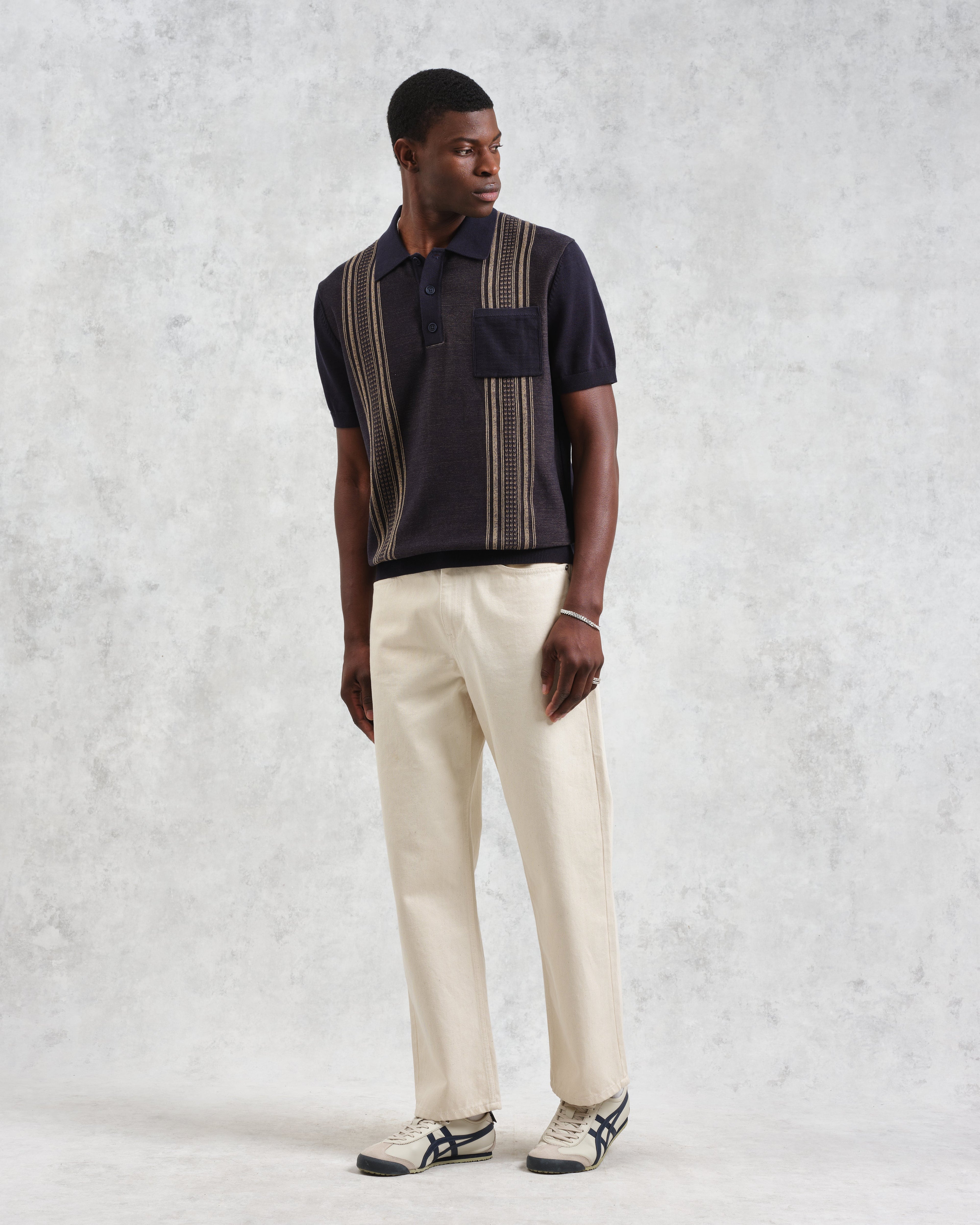 Turin - Navy And Khaki Retro Stripe Knitted Cotton Polo