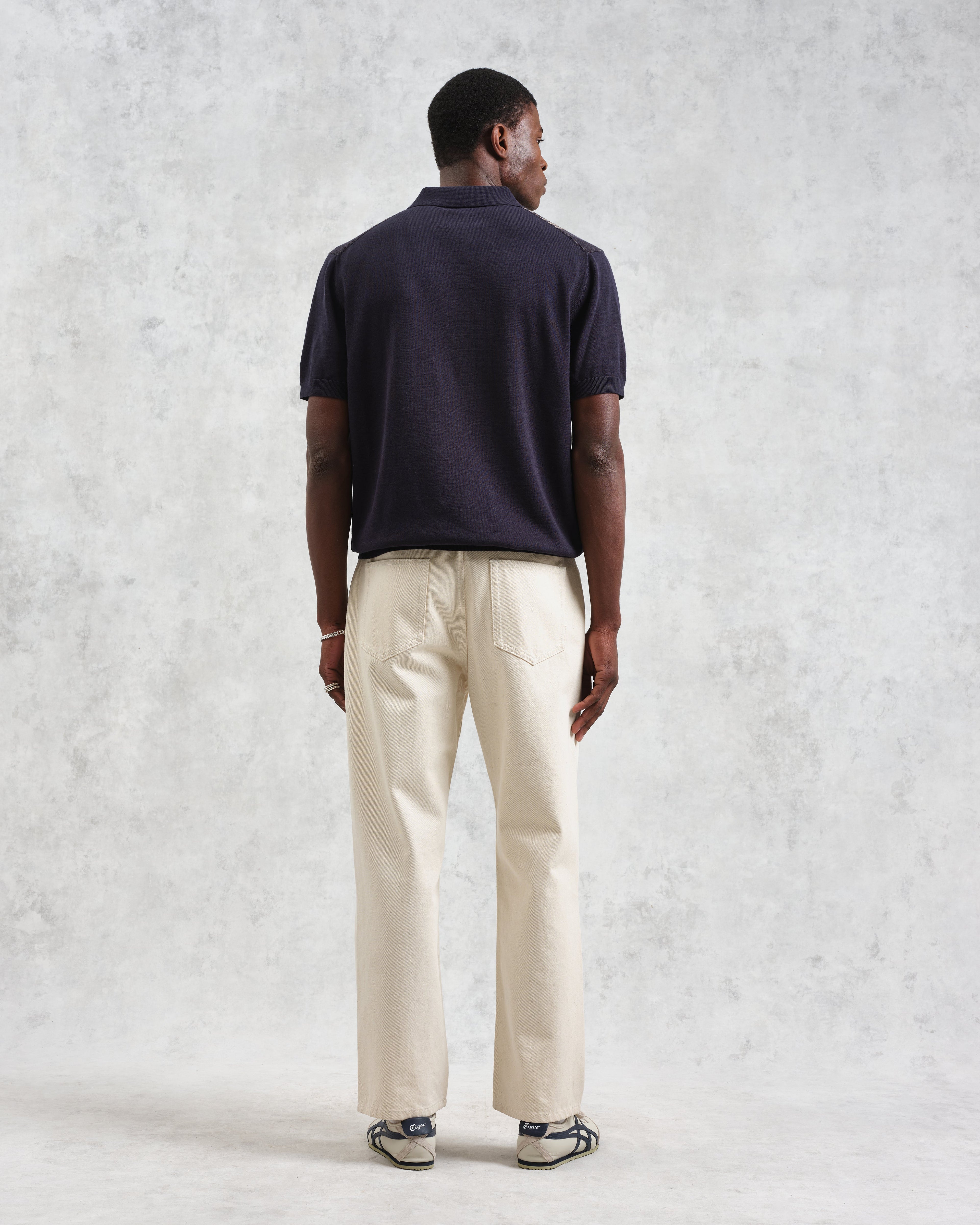 Turin - Navy And Khaki Retro Stripe Knitted Cotton Polo