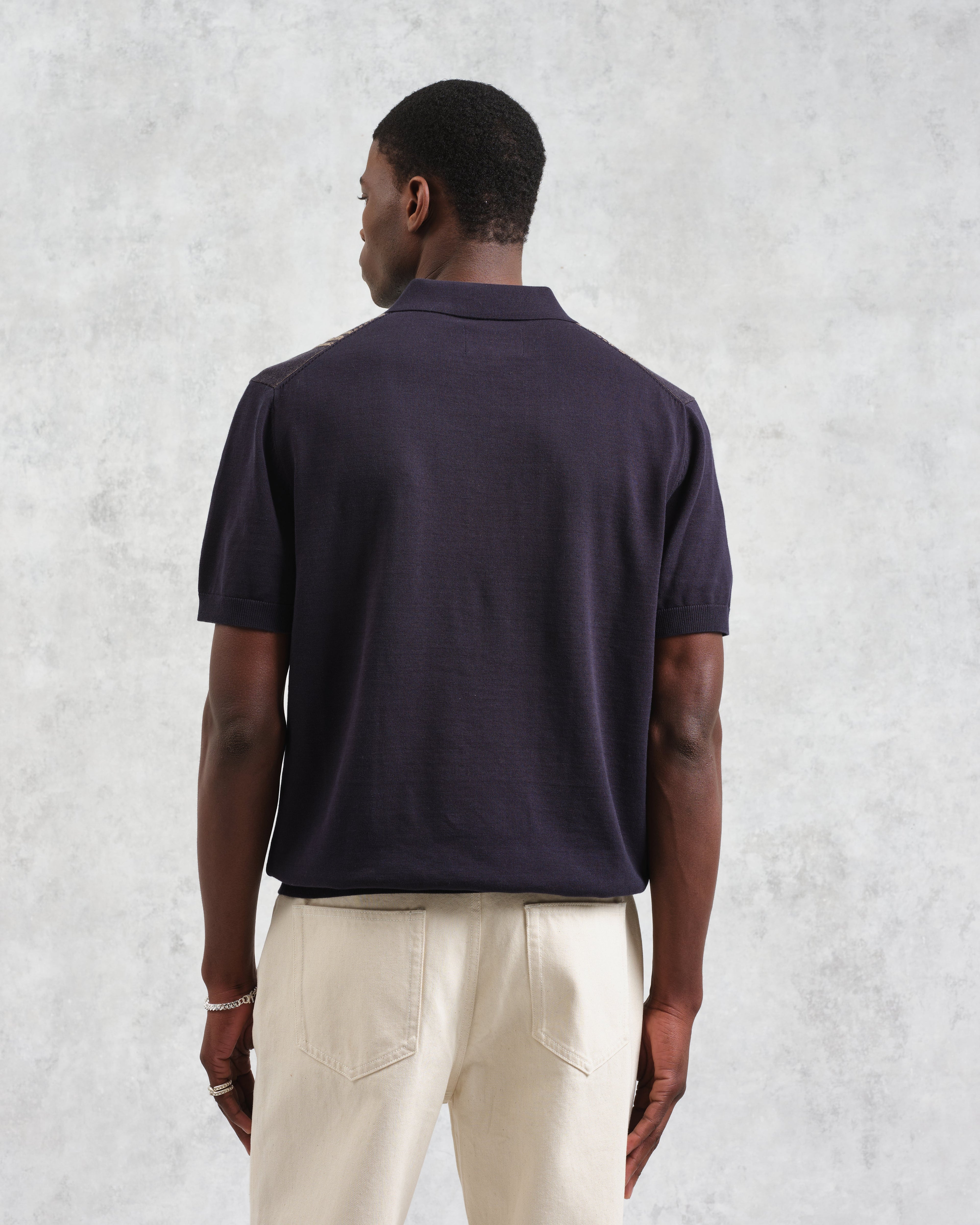 Turin - Navy And Khaki Retro Stripe Knitted Cotton Polo