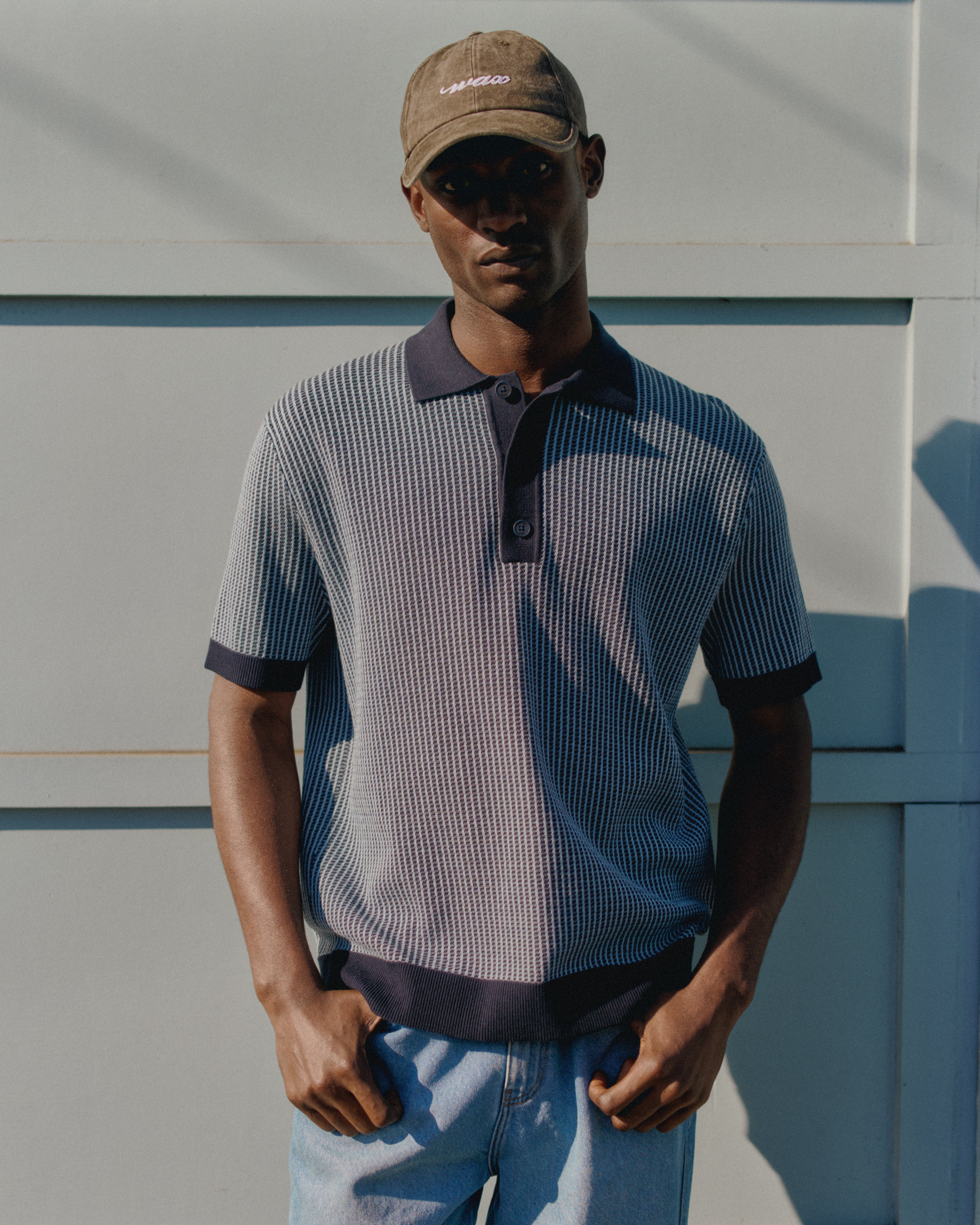 Turin - Navy Ladder Stripe Knitted Cotton Polo