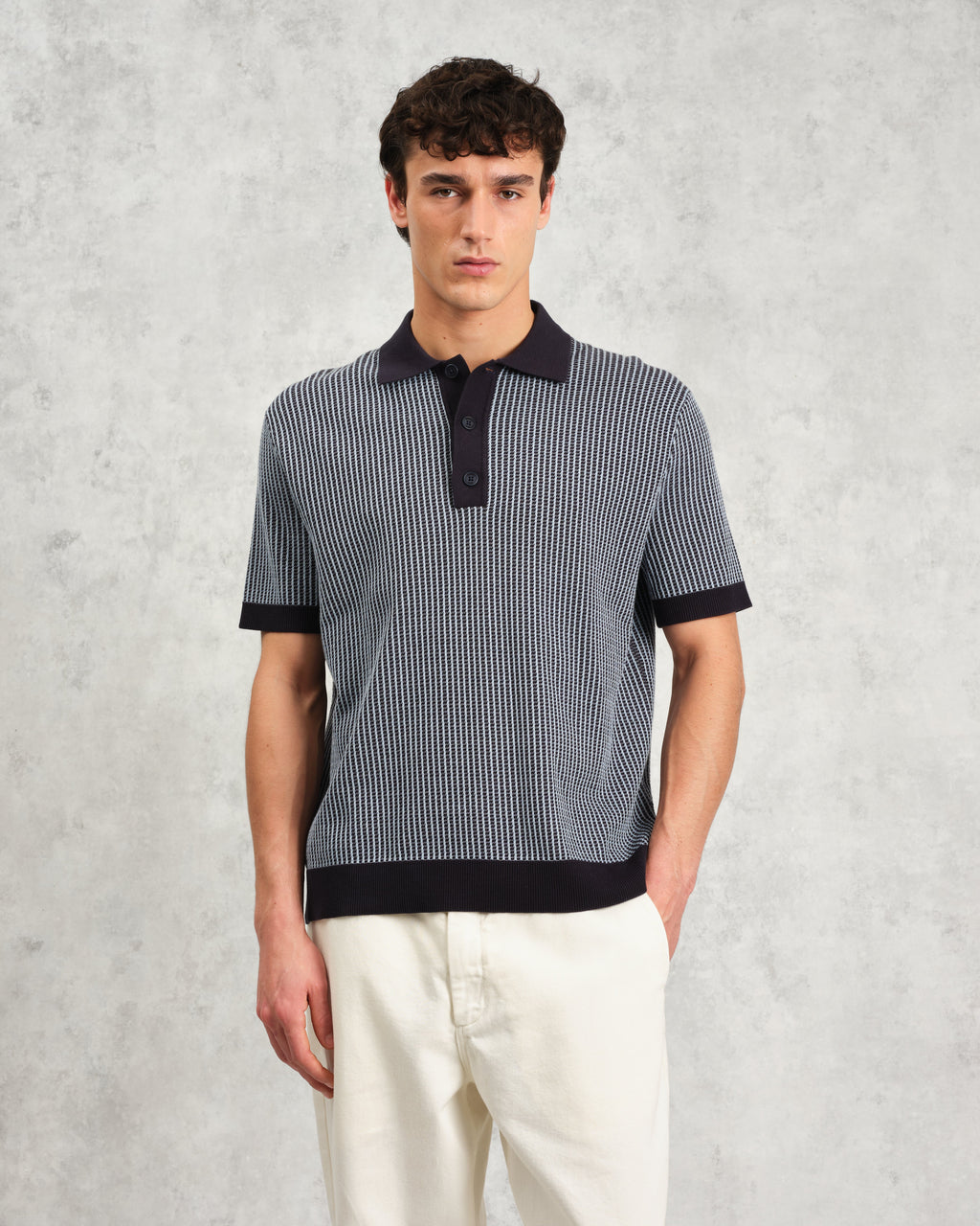 Turin - Navy Ladder Stripe Knitted Cotton Polo