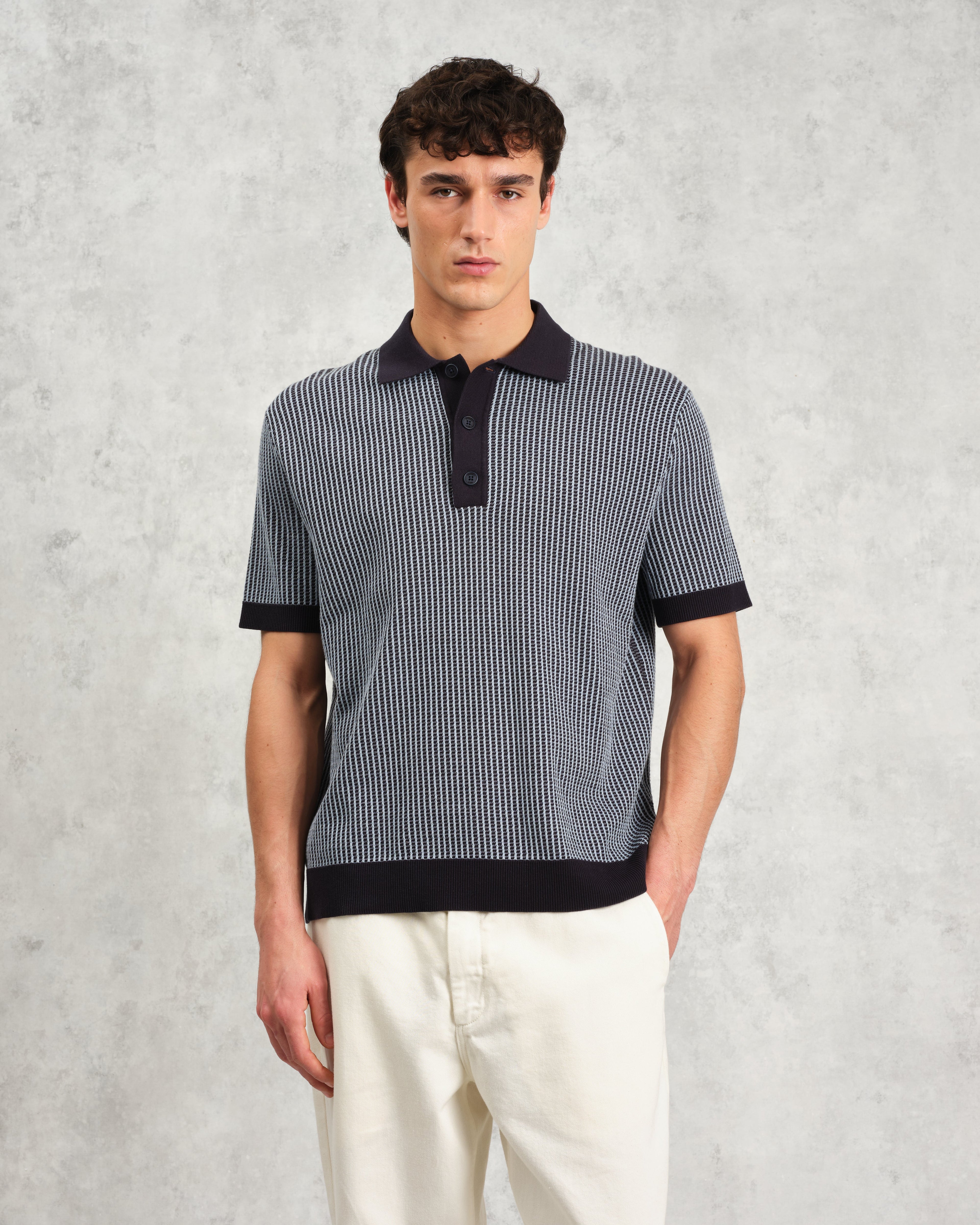 Turin - Navy Ladder Stripe Knitted Cotton Polo