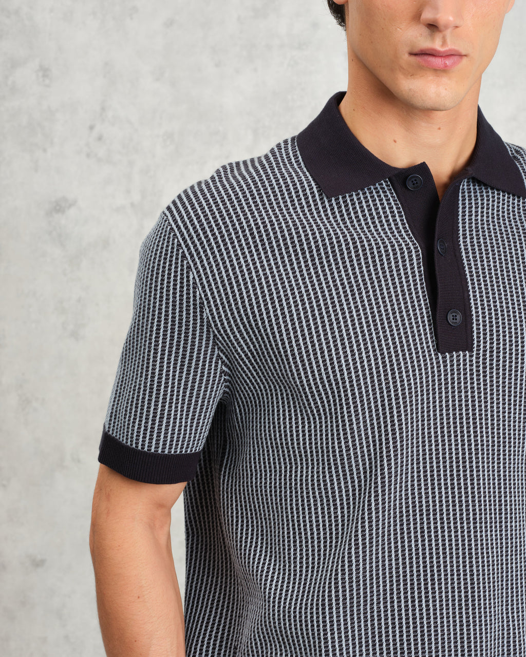 Turin - Navy Ladder Stripe Knitted Cotton Polo