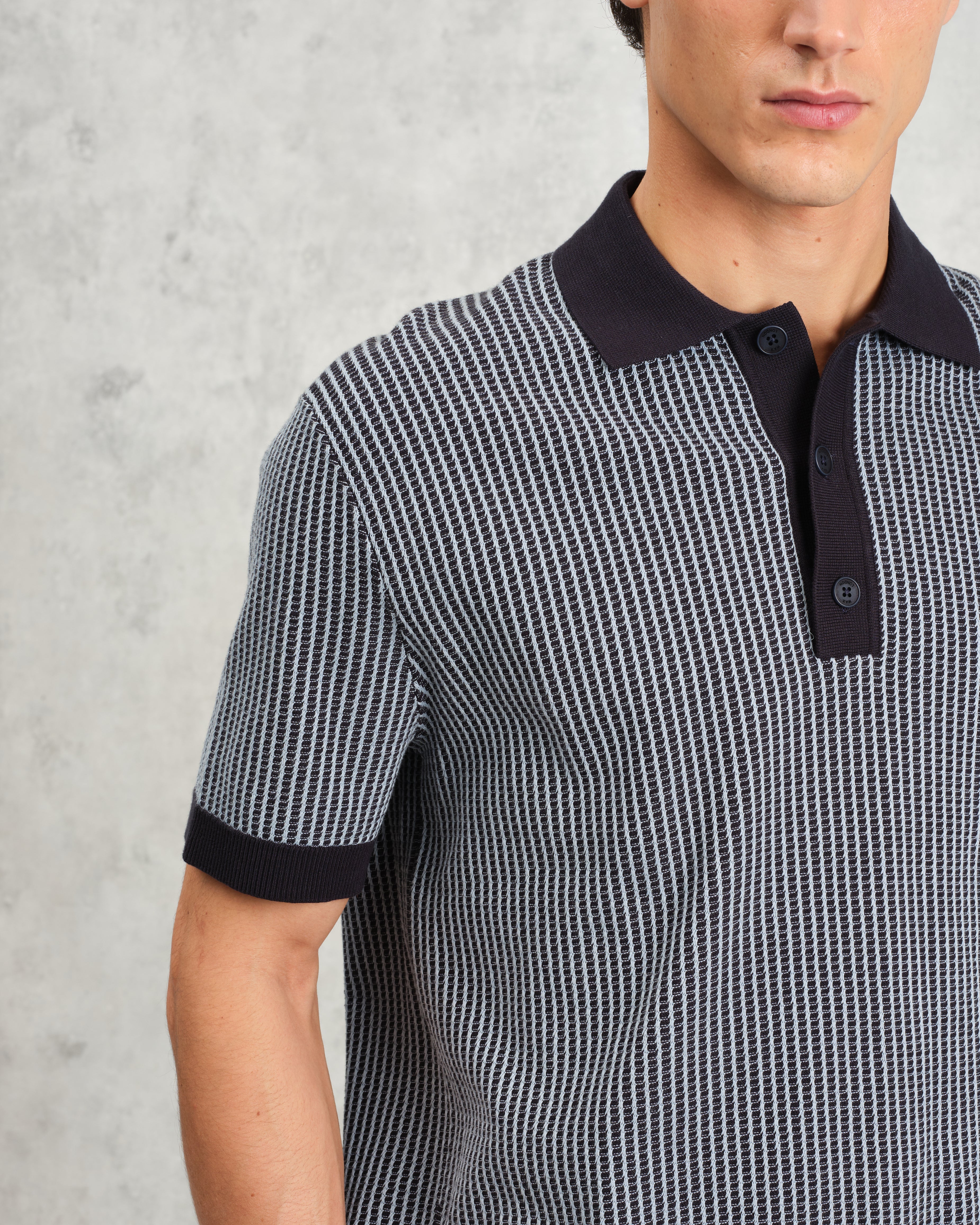 Turin - Navy Ladder Stripe Knitted Cotton Polo
