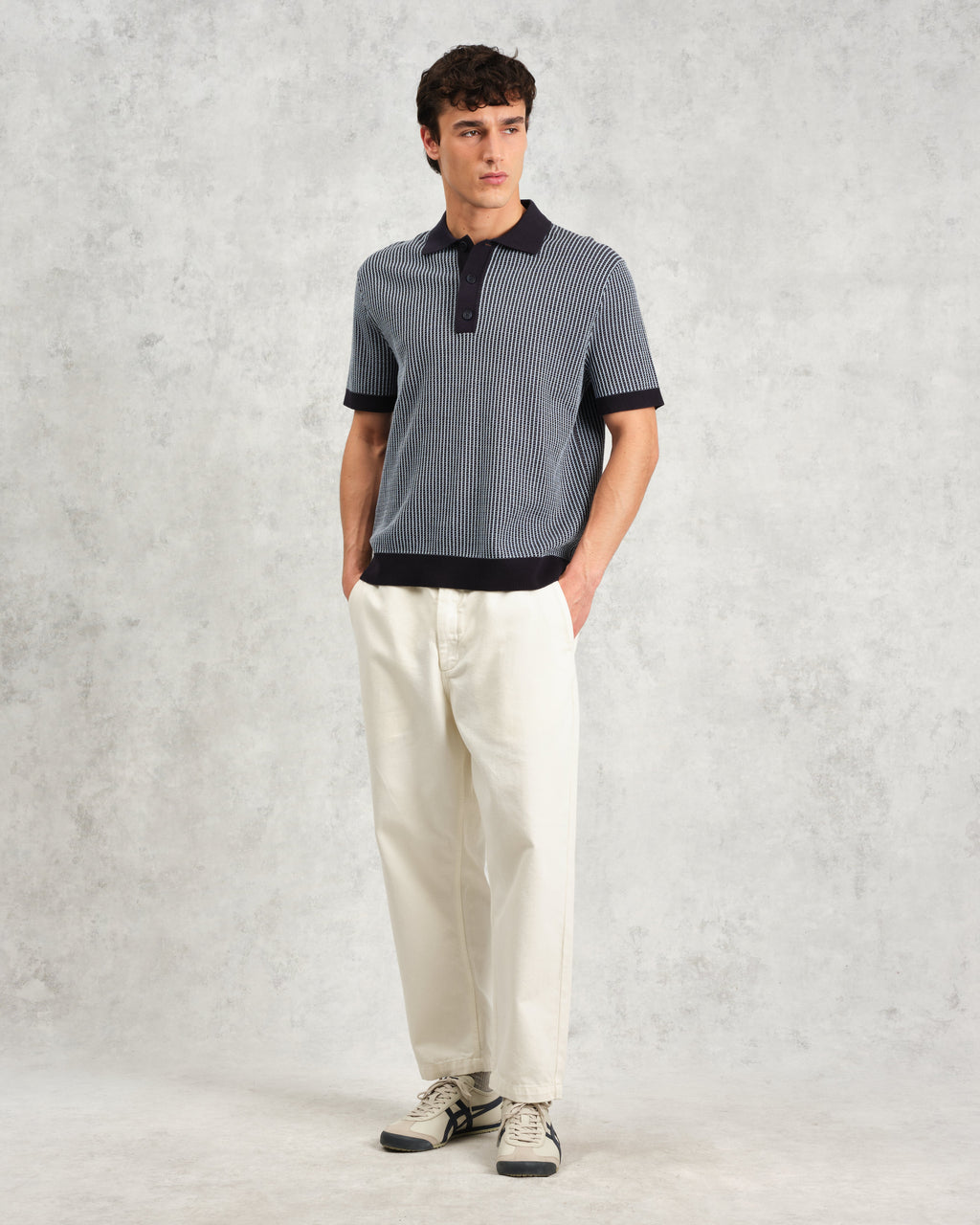 Turin - Navy Ladder Stripe Knitted Cotton Polo