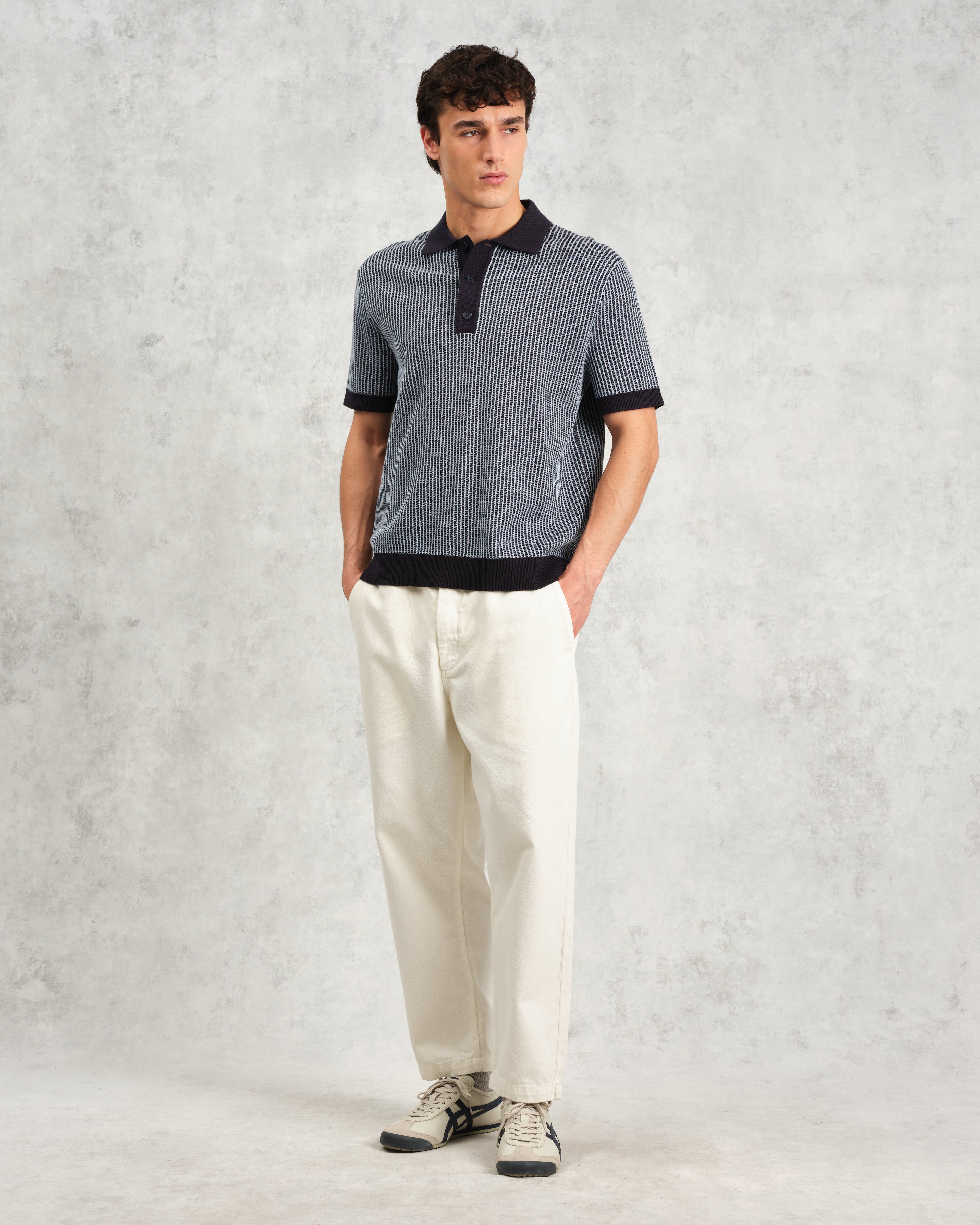 Turin - Navy Ladder Stripe Knitted Cotton Polo