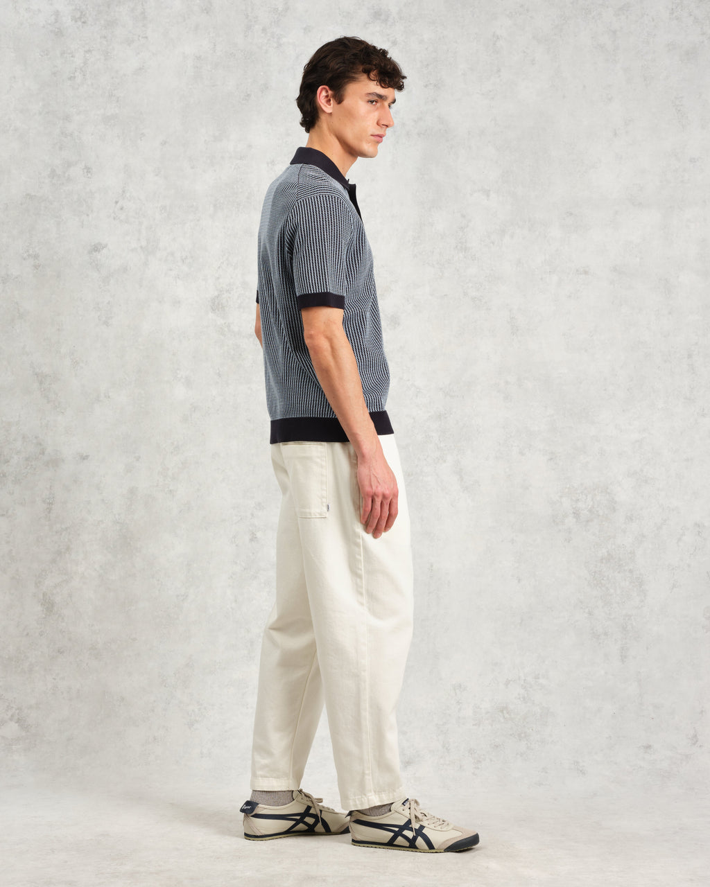 Turin - Navy Ladder Stripe Knitted Cotton Polo
