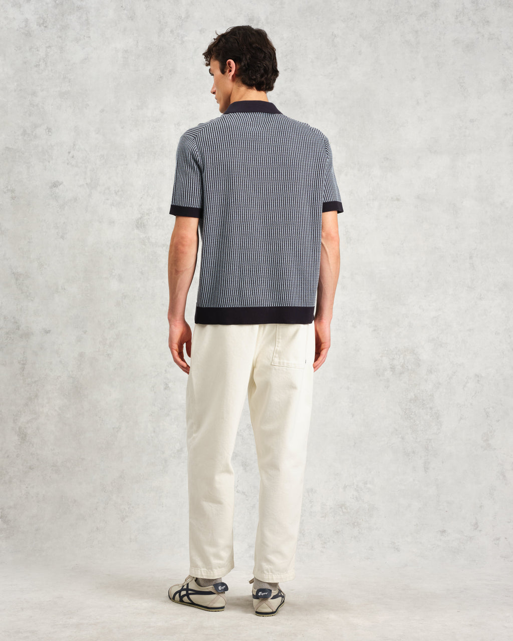 Turin - Navy Ladder Stripe Knitted Cotton Polo