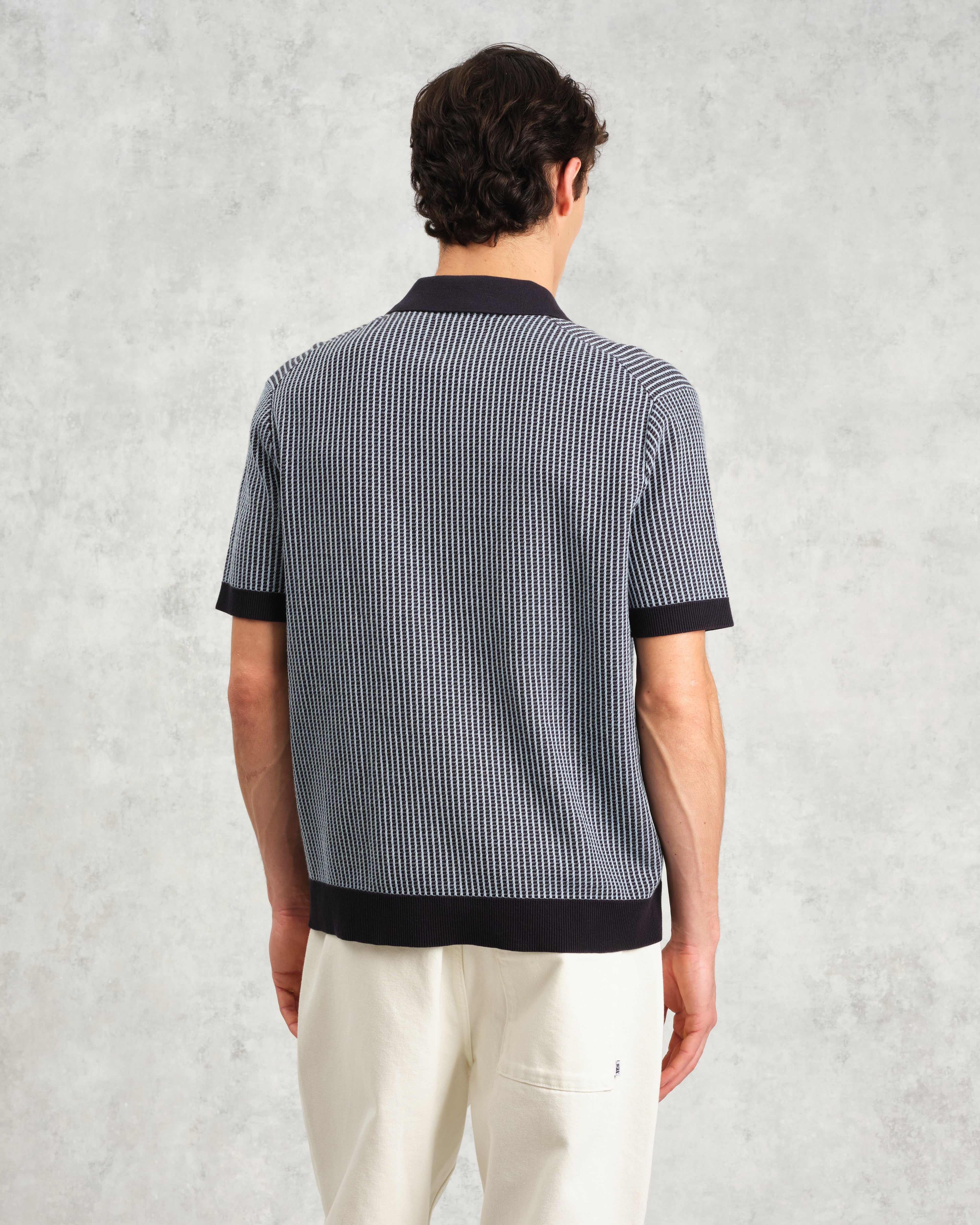Turin - Navy Ladder Stripe Knitted Cotton Polo