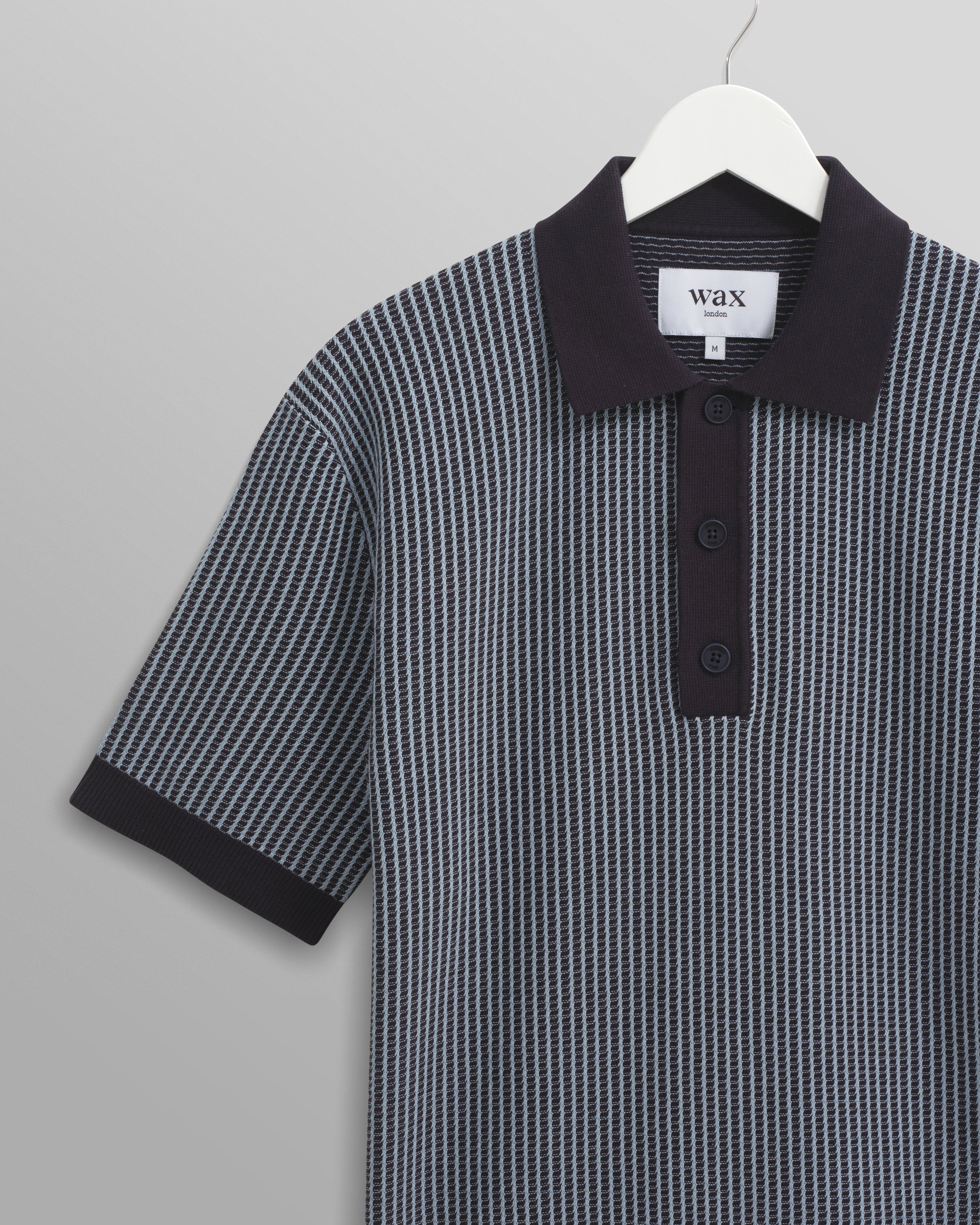 Turin - Navy Ladder Stripe Knitted Cotton Polo