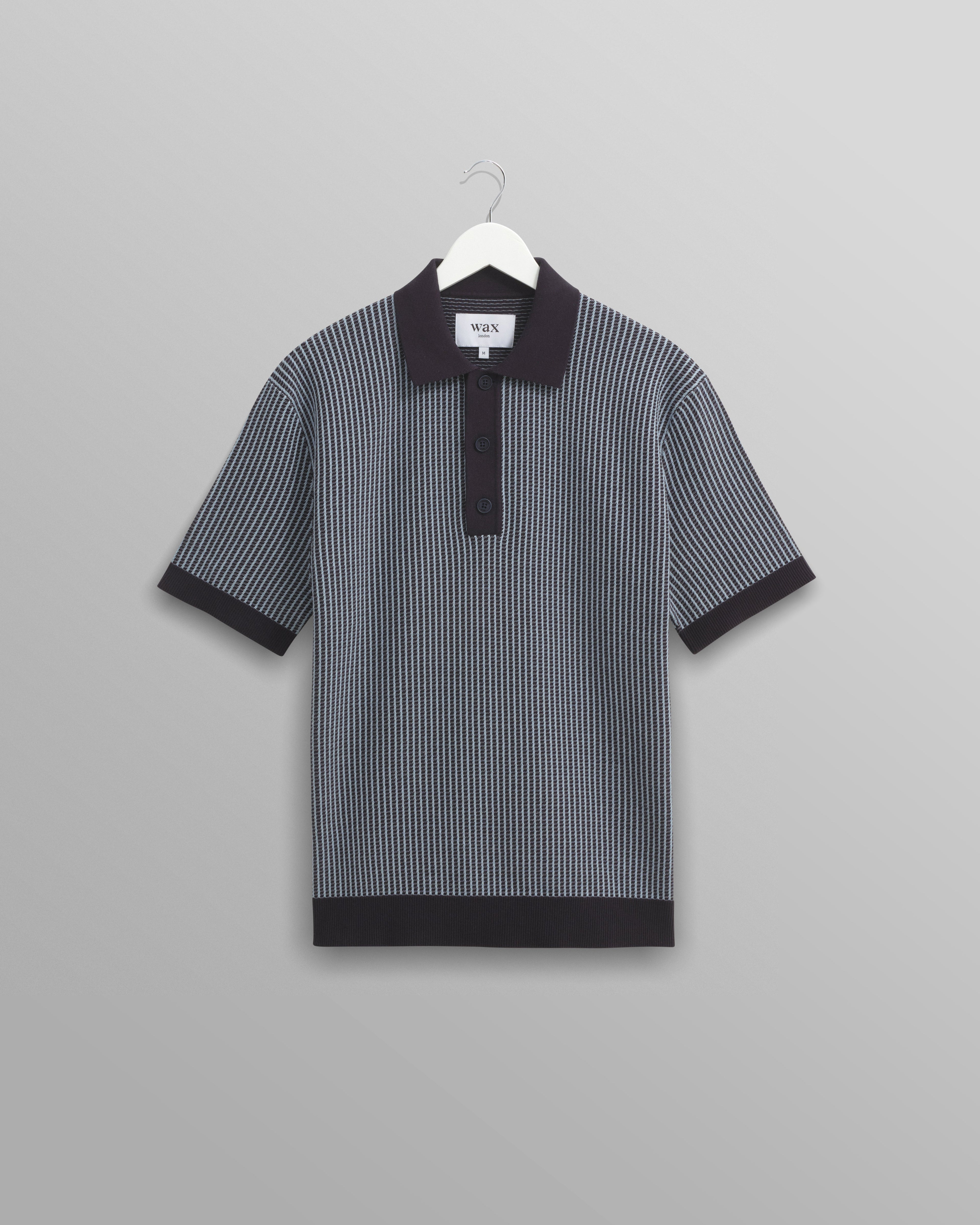 Turin - Navy Ladder Stripe Knitted Cotton Polo