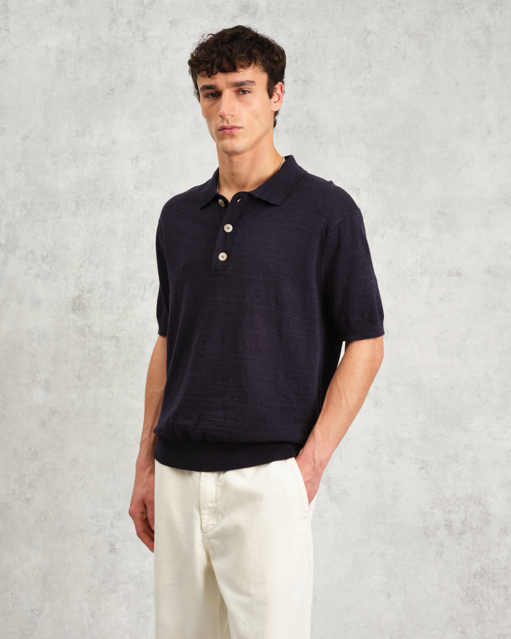 Turin - Navy Slub Knitted Cotton-Linen Polo