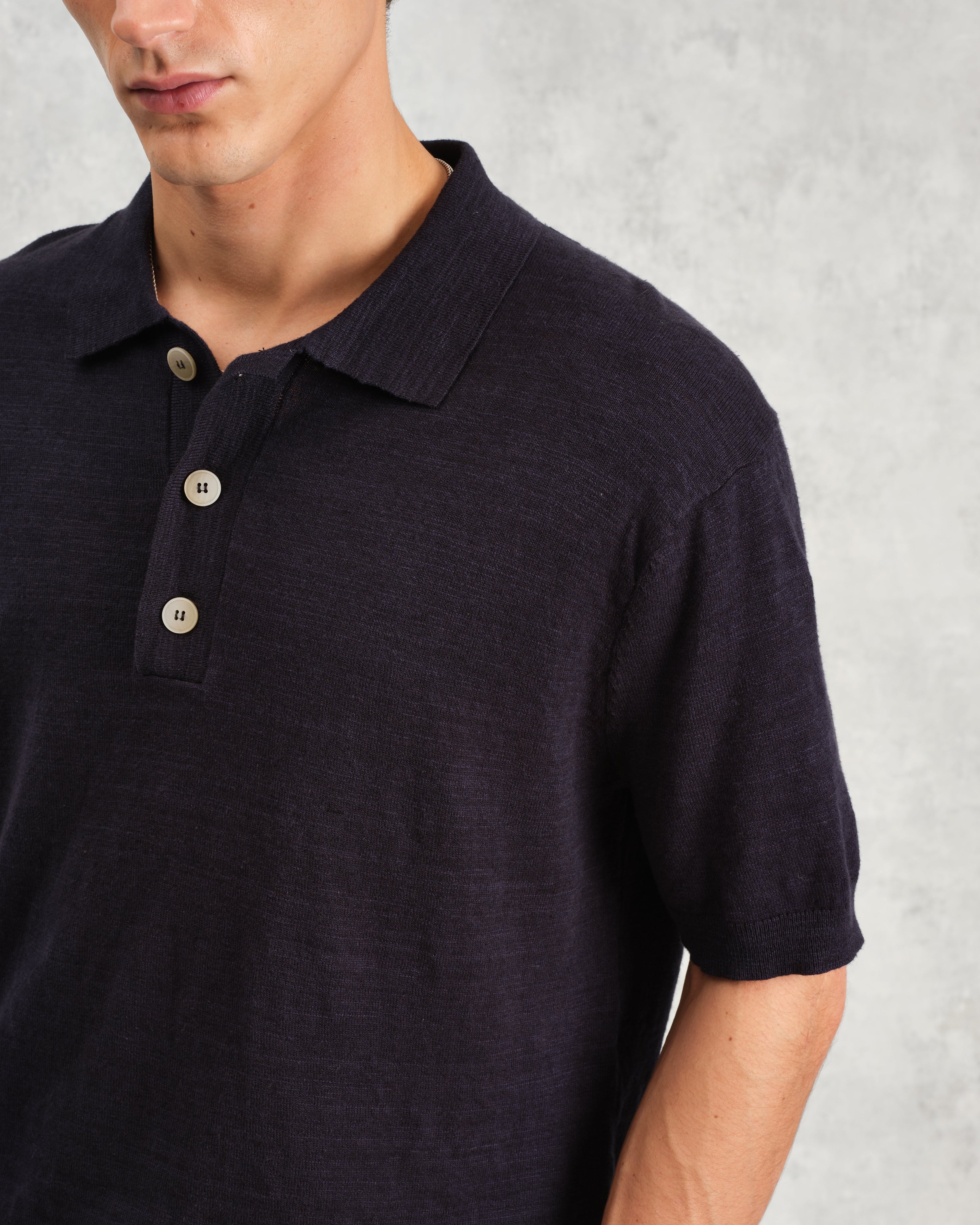 Turin - Navy Slub Knitted Cotton-Linen Polo