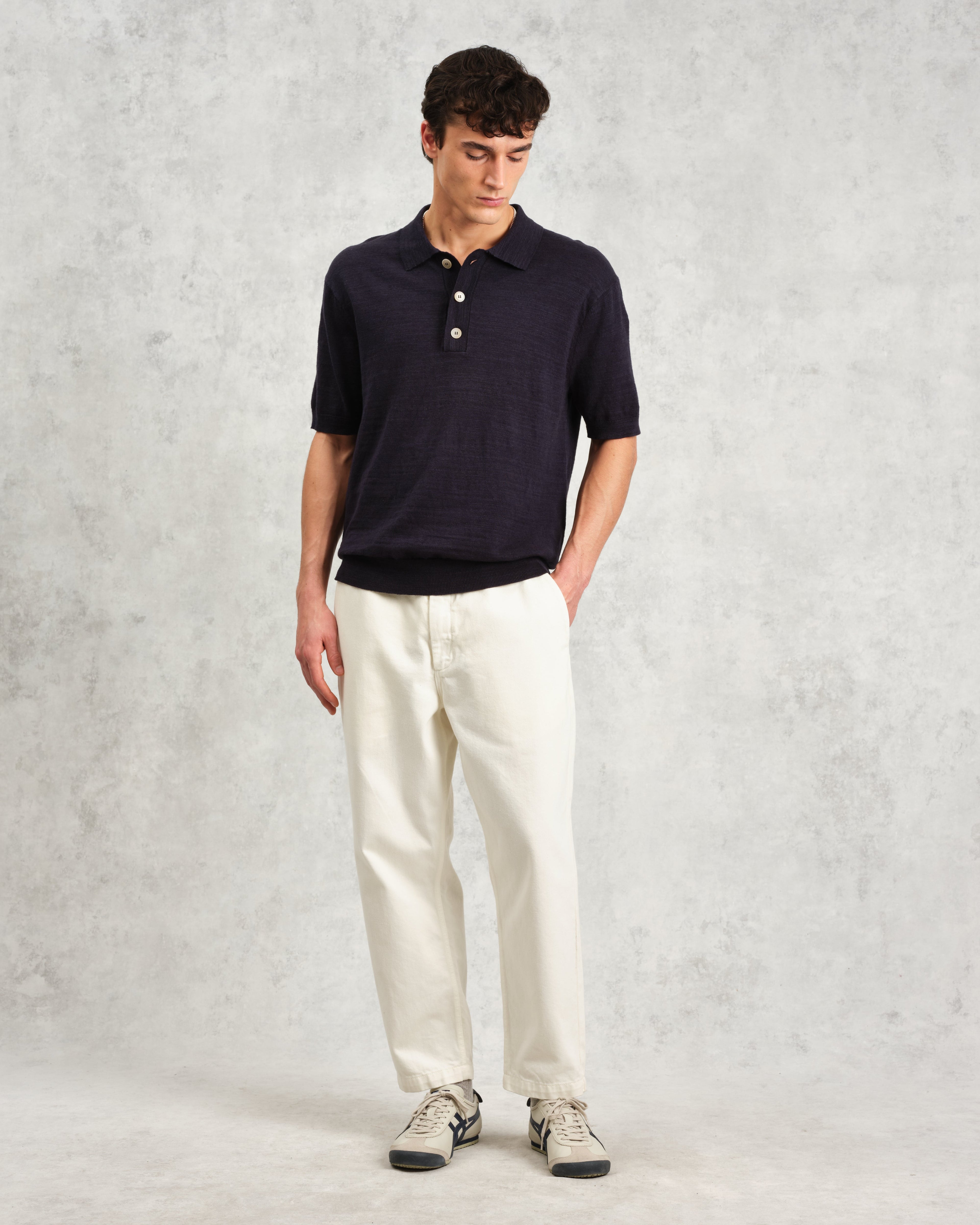 Turin - Navy Slub Knitted Cotton-Linen Polo