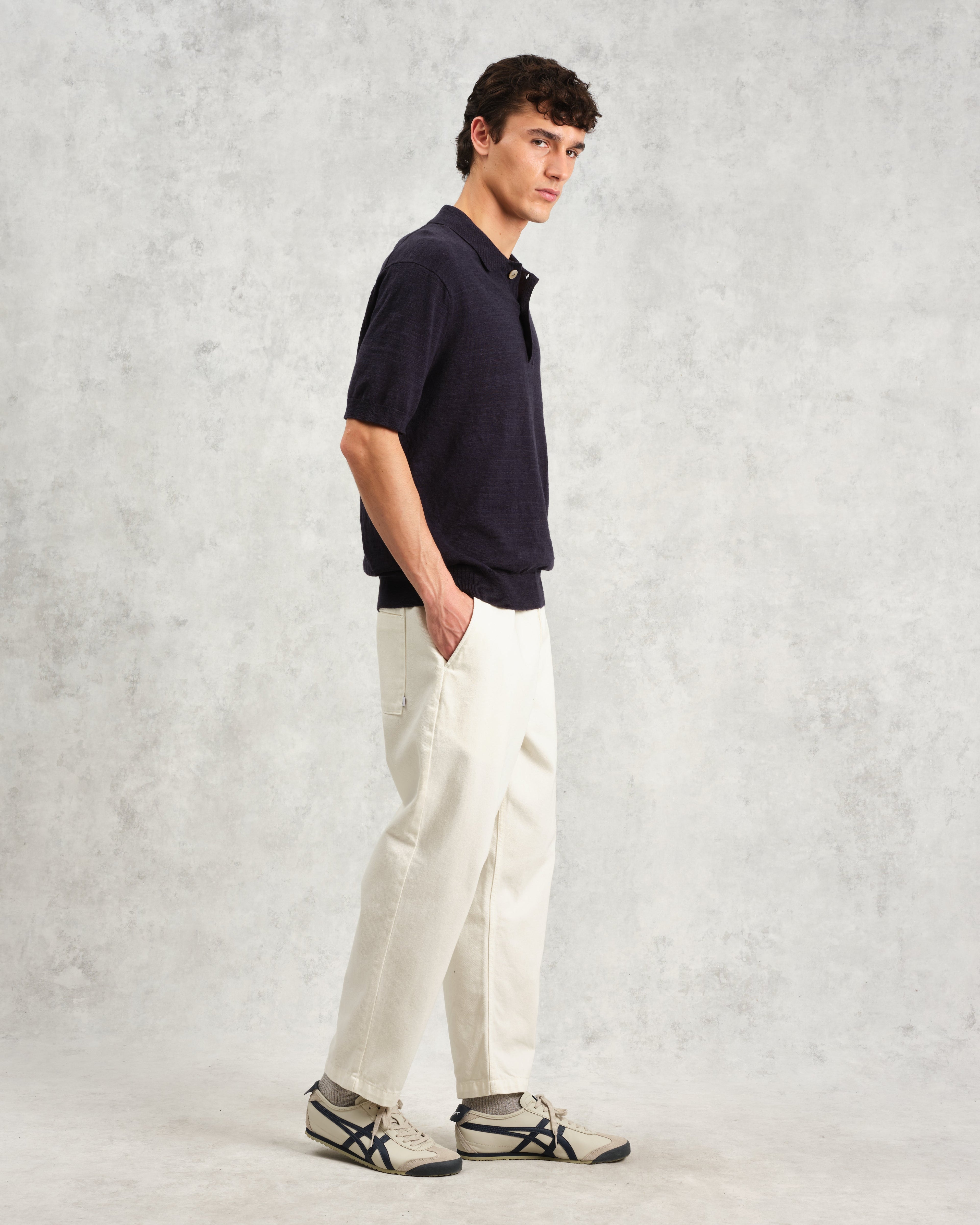 Turin - Navy Slub Knitted Cotton-Linen Polo