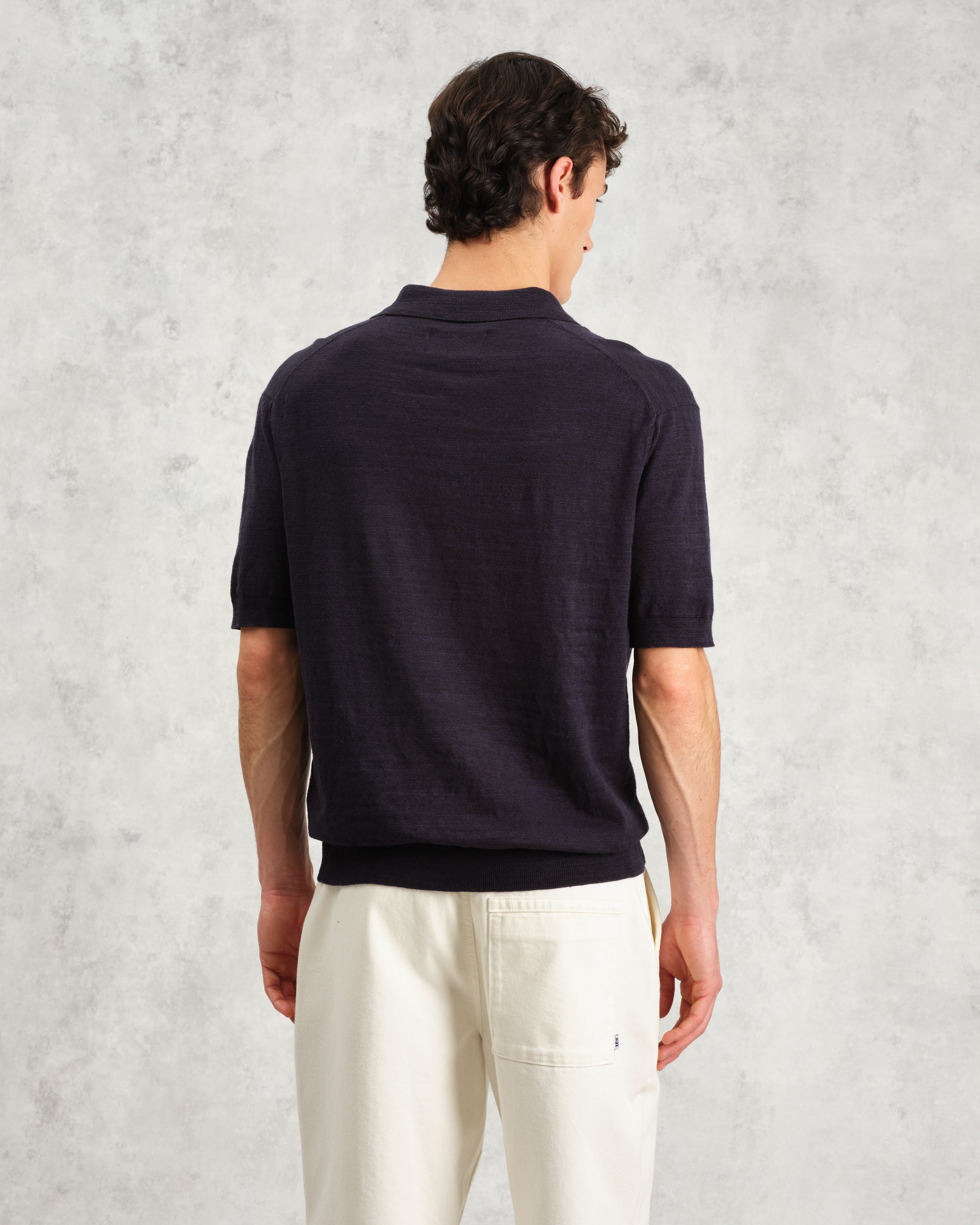 Turin - Navy Slub Knitted Cotton-Linen Polo