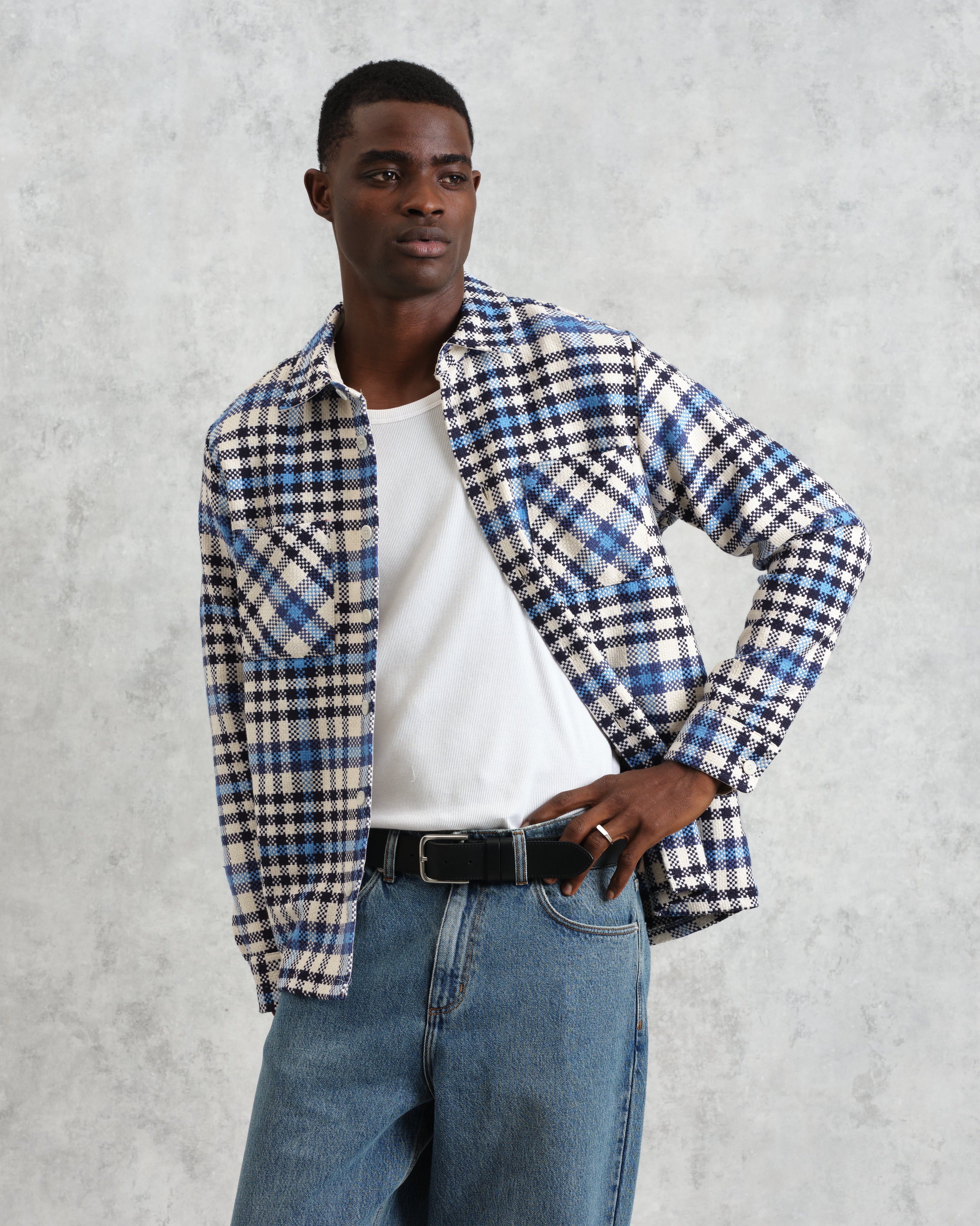 Whiting - Ecru And Blue Strand Check Overshirt