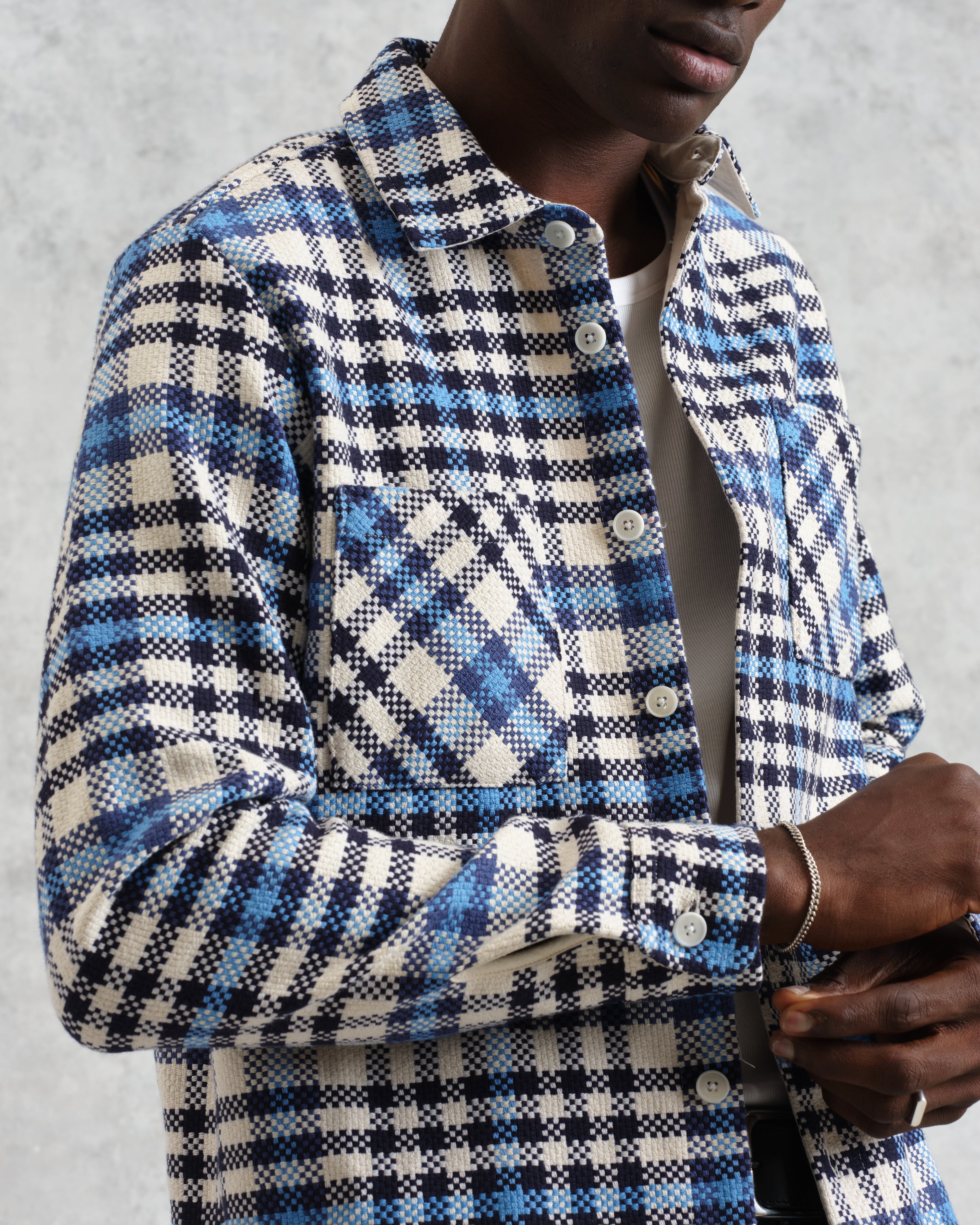 Whiting - Ecru And Blue Strand Check Overshirt