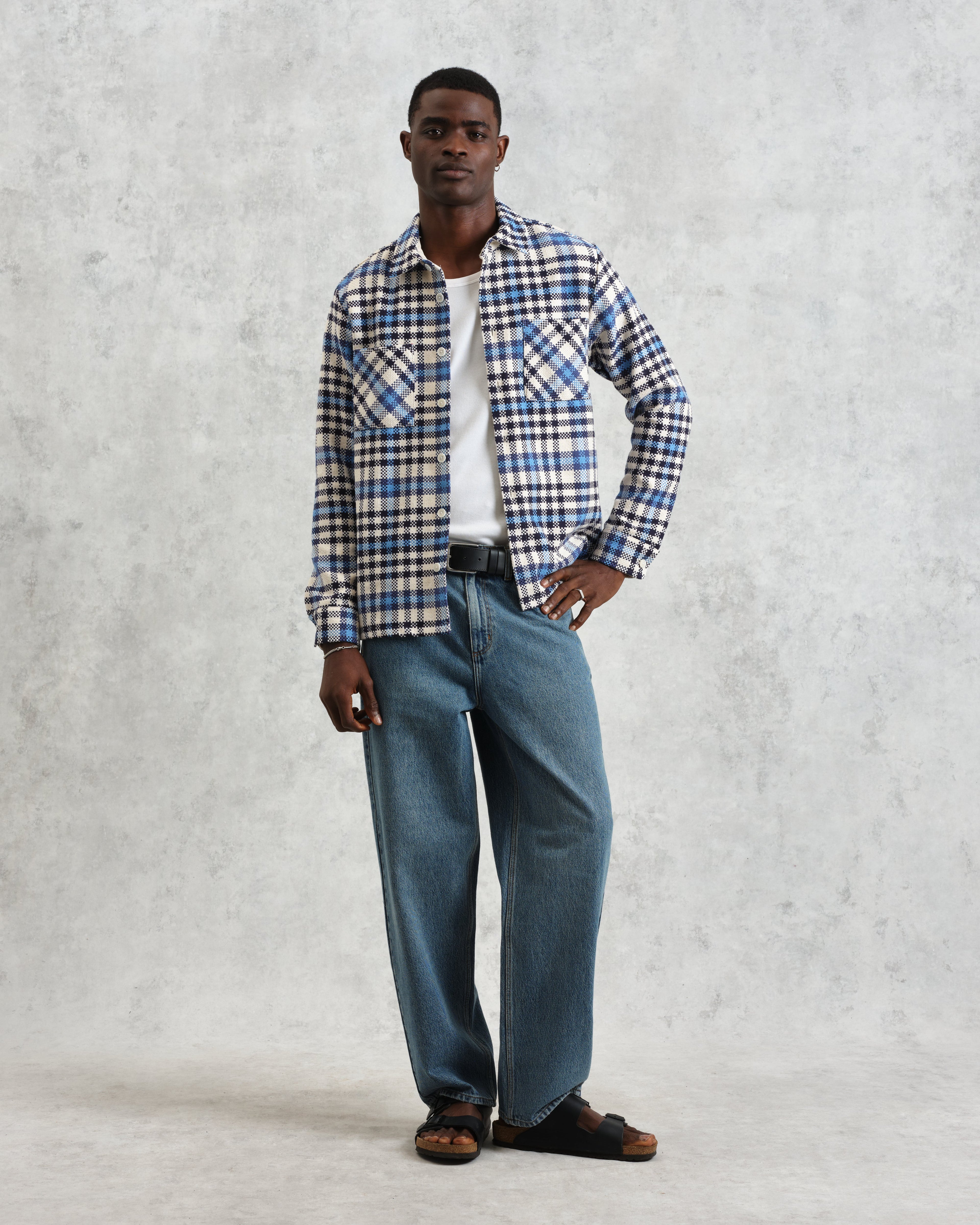 Whiting - Ecru And Blue Strand Check Overshirt